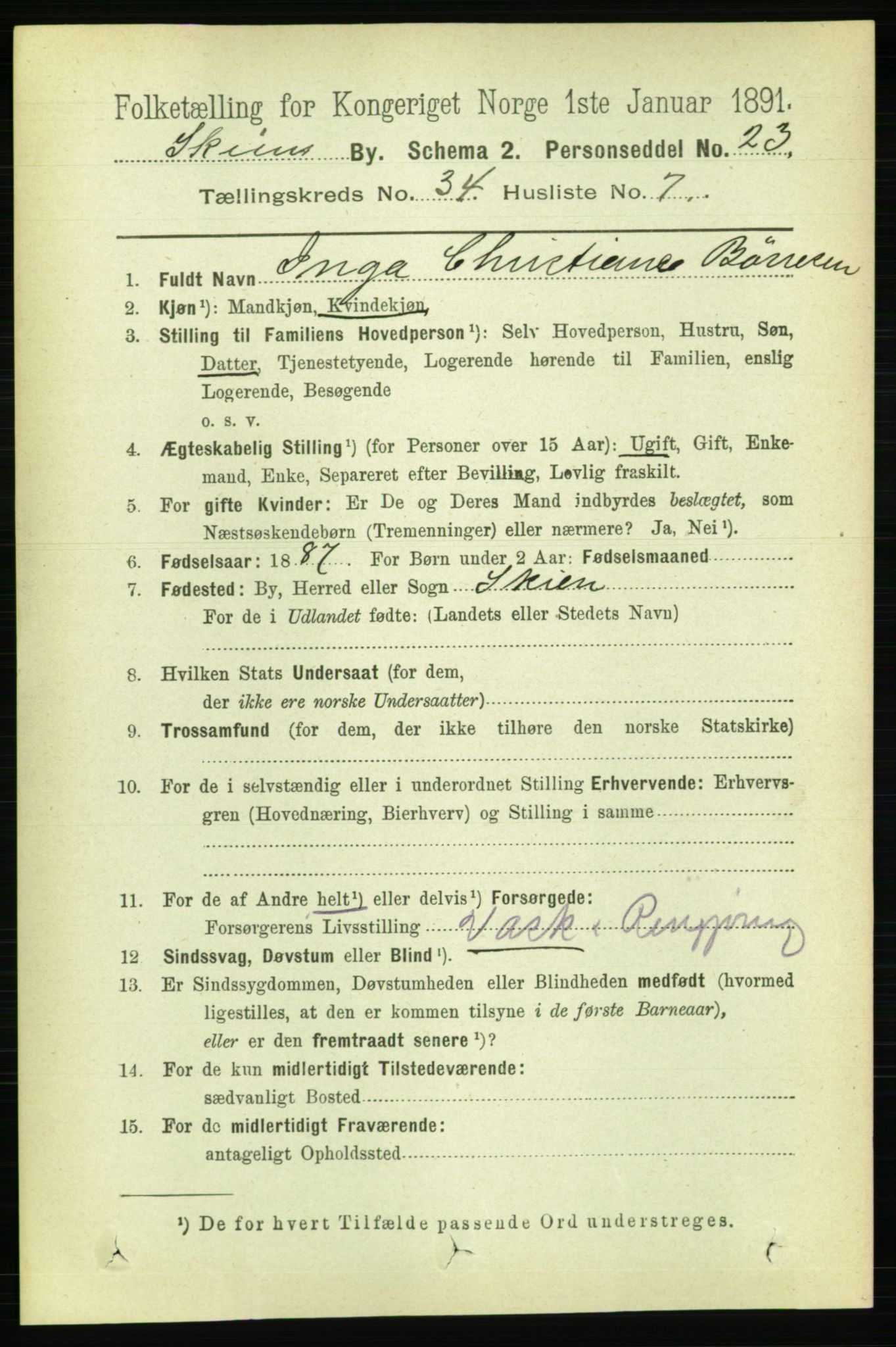 RA, 1891 census for 0806 Skien, 1891, p. 7804