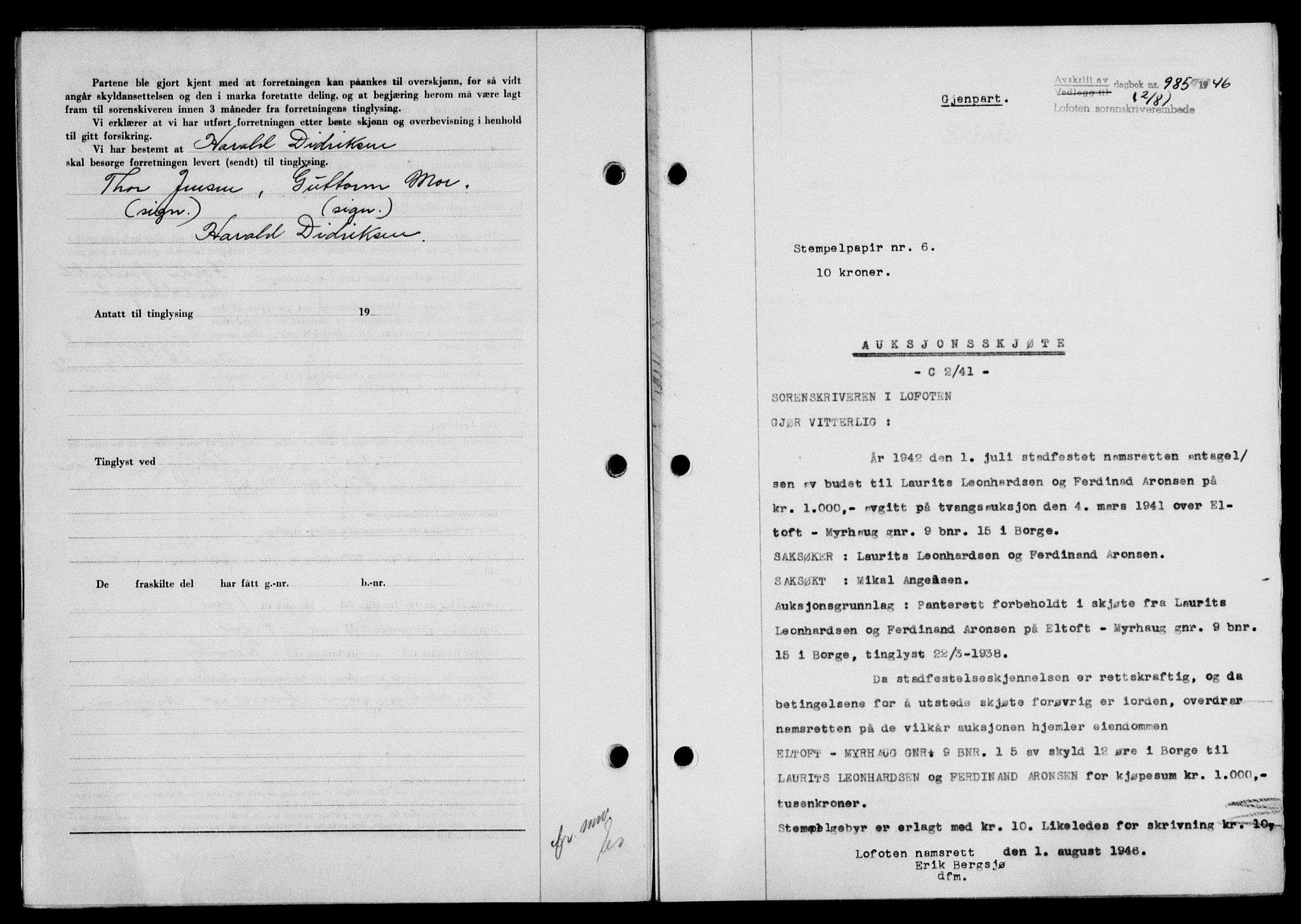 Lofoten sorenskriveri, SAT/A-0017/1/2/2C/L0014a: Mortgage book no. 14a, 1946-1946, Diary no: : 985/1946