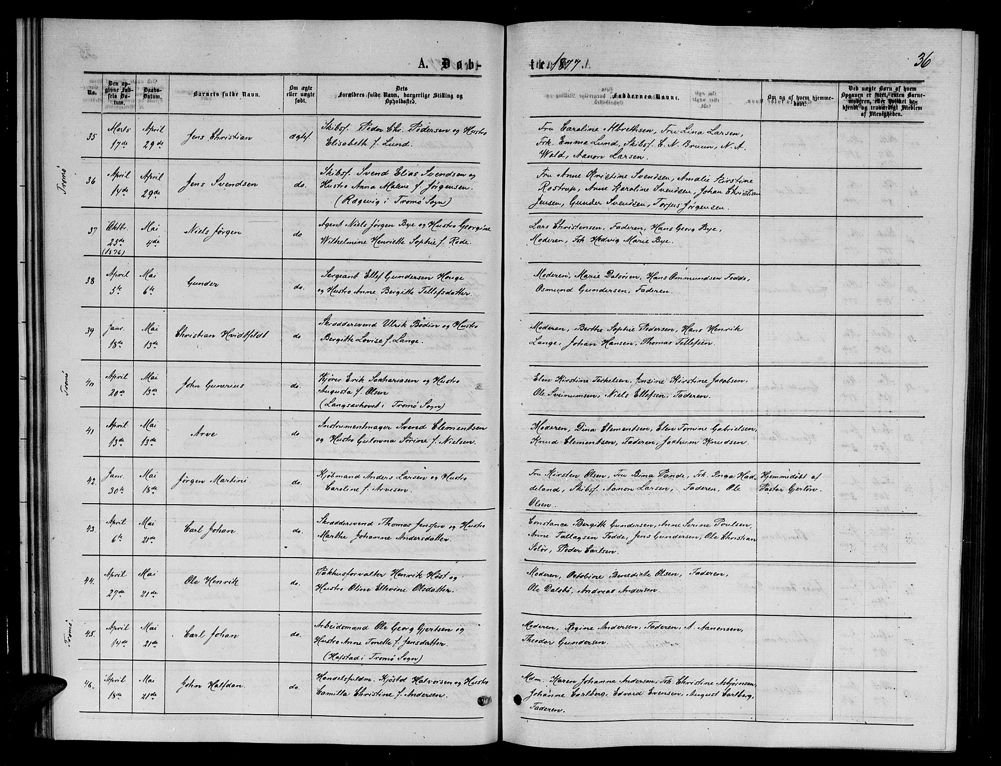 Arendal sokneprestkontor, Trefoldighet, SAK/1111-0040/F/Fb/L0005: Parish register (copy) no. B 5, 1874-1888, p. 36