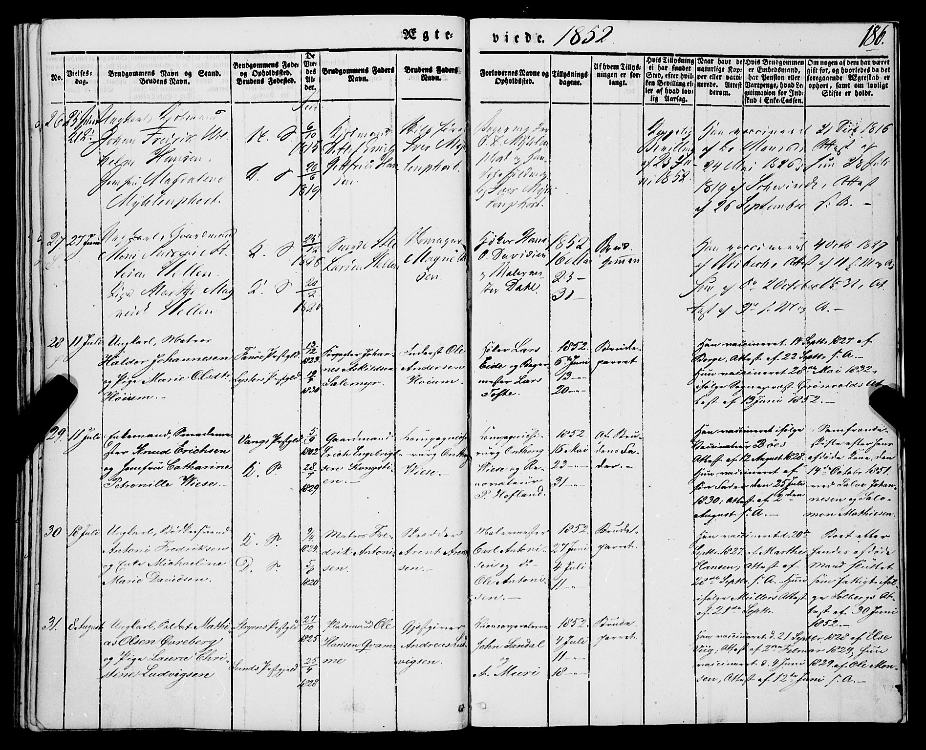 Korskirken sokneprestembete, AV/SAB-A-76101/H/Haa/L0034: Parish register (official) no. D 1, 1832-1852, p. 186