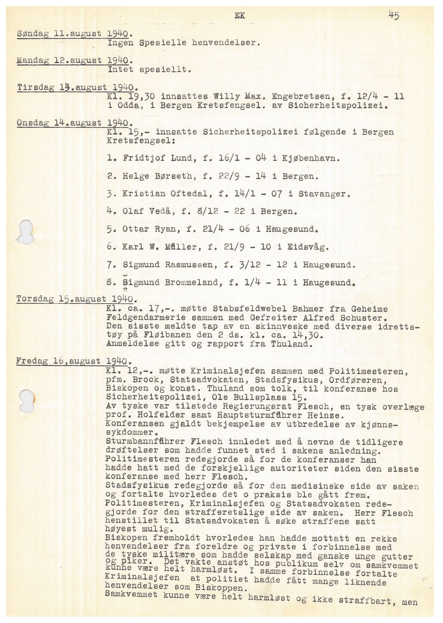 Bergen politikammer / politidistrikt, SAB/A-60401/Y/Ye/L0001: Avskrift av krigsdagbok av Dankert Thuland, 1940-1941, p. 45