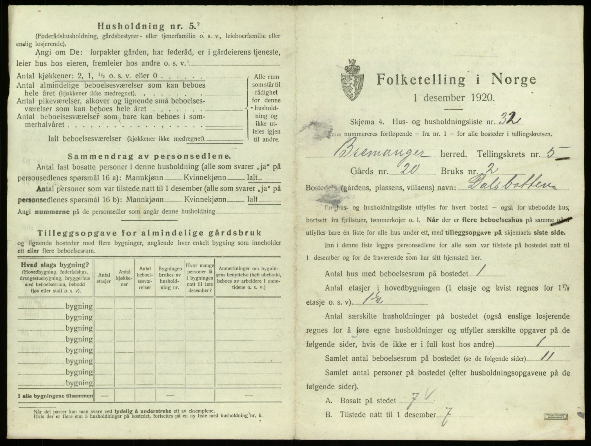 SAB, 1920 census for Bremanger, 1920, p. 507