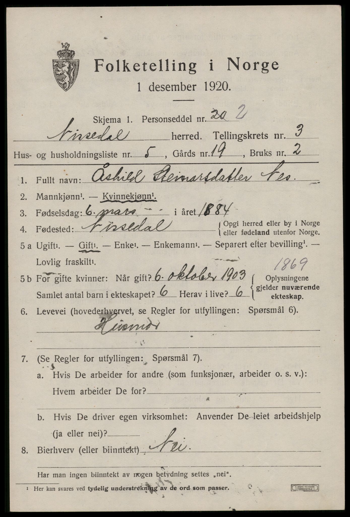 SAKO, 1920 census for Nissedal, 1920, p. 1535