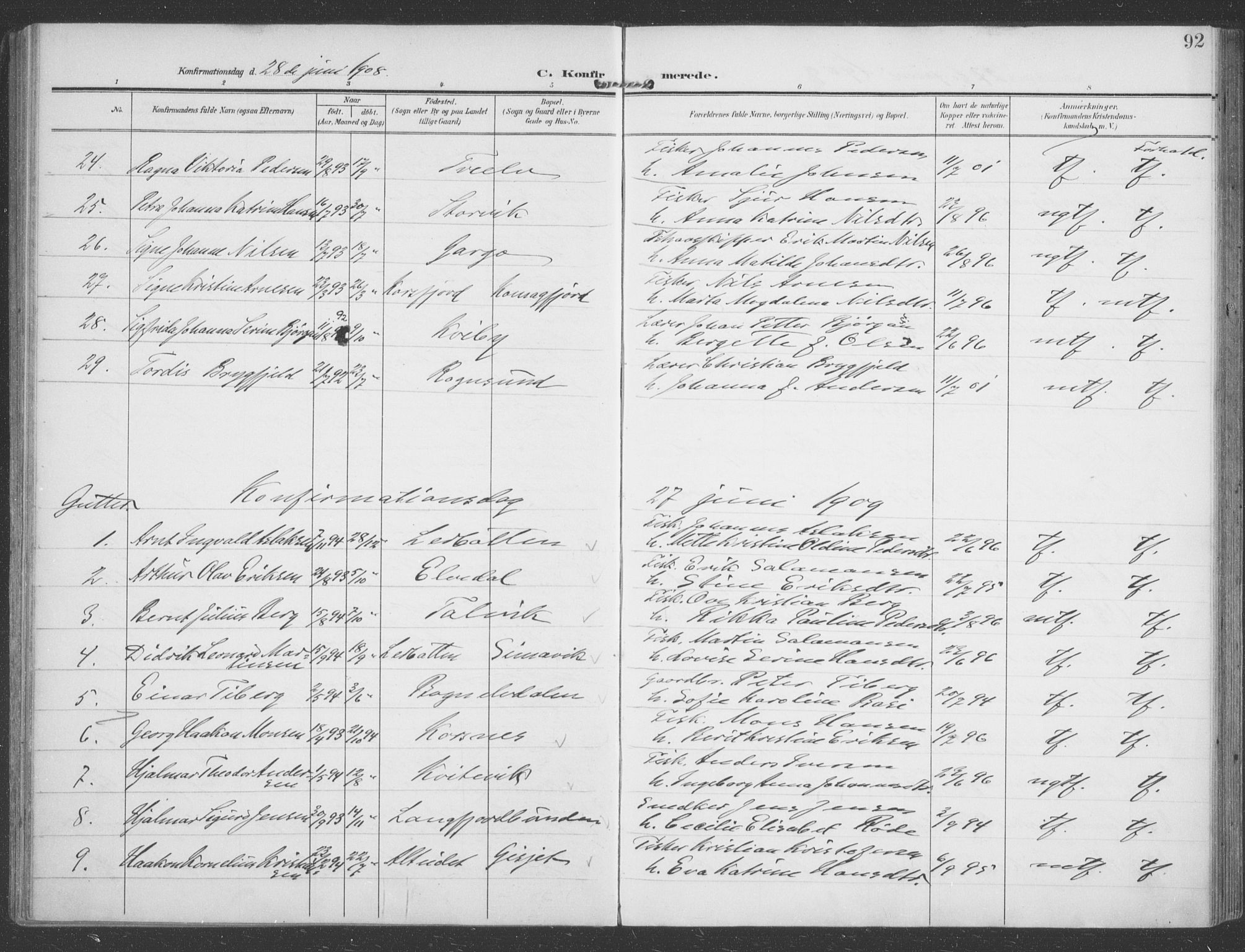 Talvik sokneprestkontor, SATØ/S-1337/H/Ha/L0017kirke: Parish register (official) no. 17, 1906-1915, p. 92