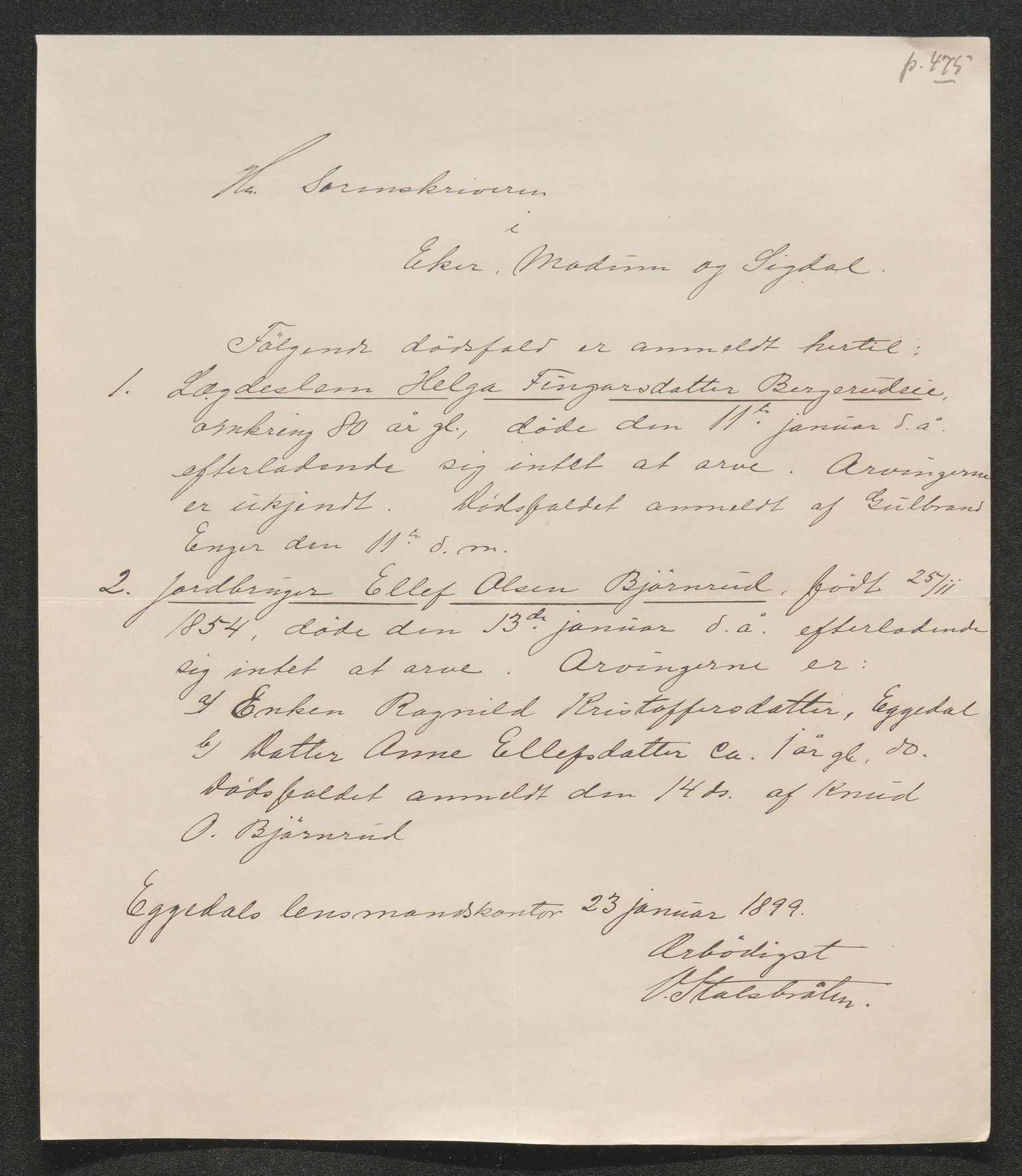 Eiker, Modum og Sigdal sorenskriveri, AV/SAKO-A-123/H/Ha/Hab/L0026: Dødsfallsmeldinger, 1899, p. 478