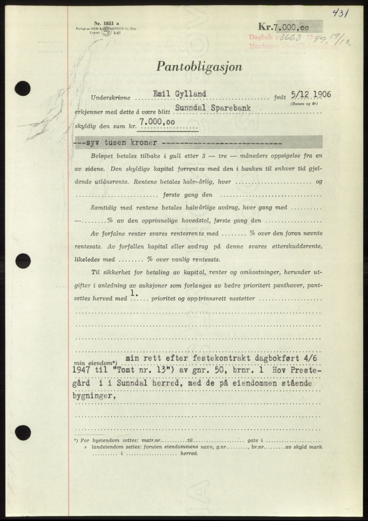 Nordmøre sorenskriveri, AV/SAT-A-4132/1/2/2Ca: Mortgage book no. B103, 1949-1950, Diary no: : 3663/1949