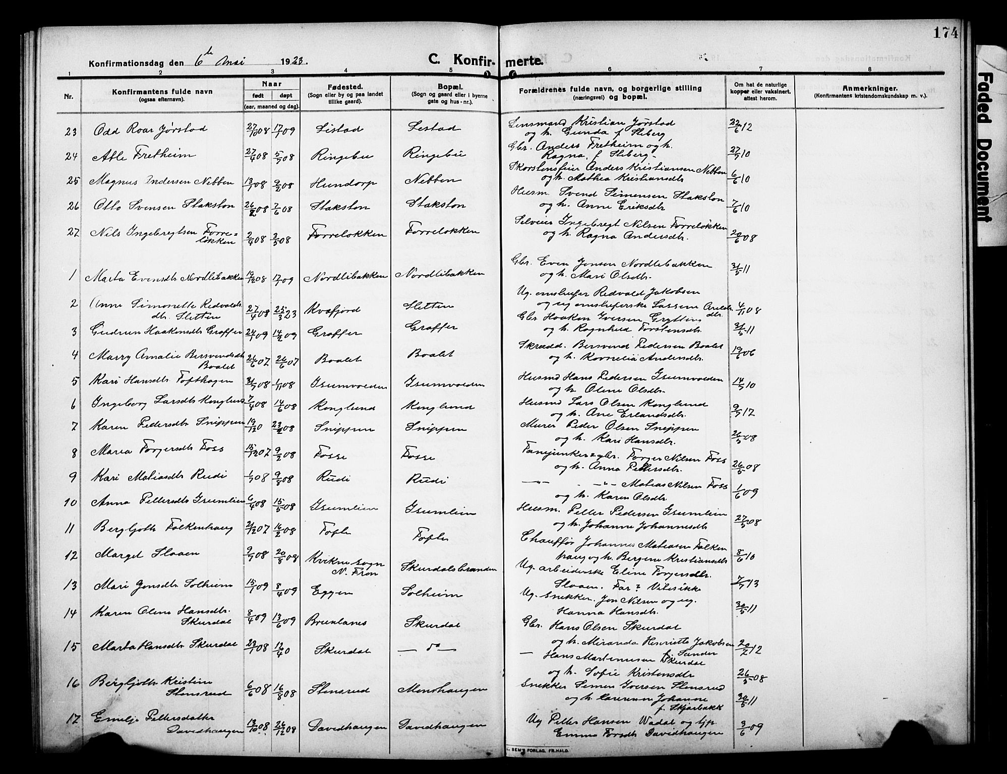 Sør-Fron prestekontor, SAH/PREST-010/H/Ha/Hab/L0005: Parish register (copy) no. 5, 1912-1930, p. 174