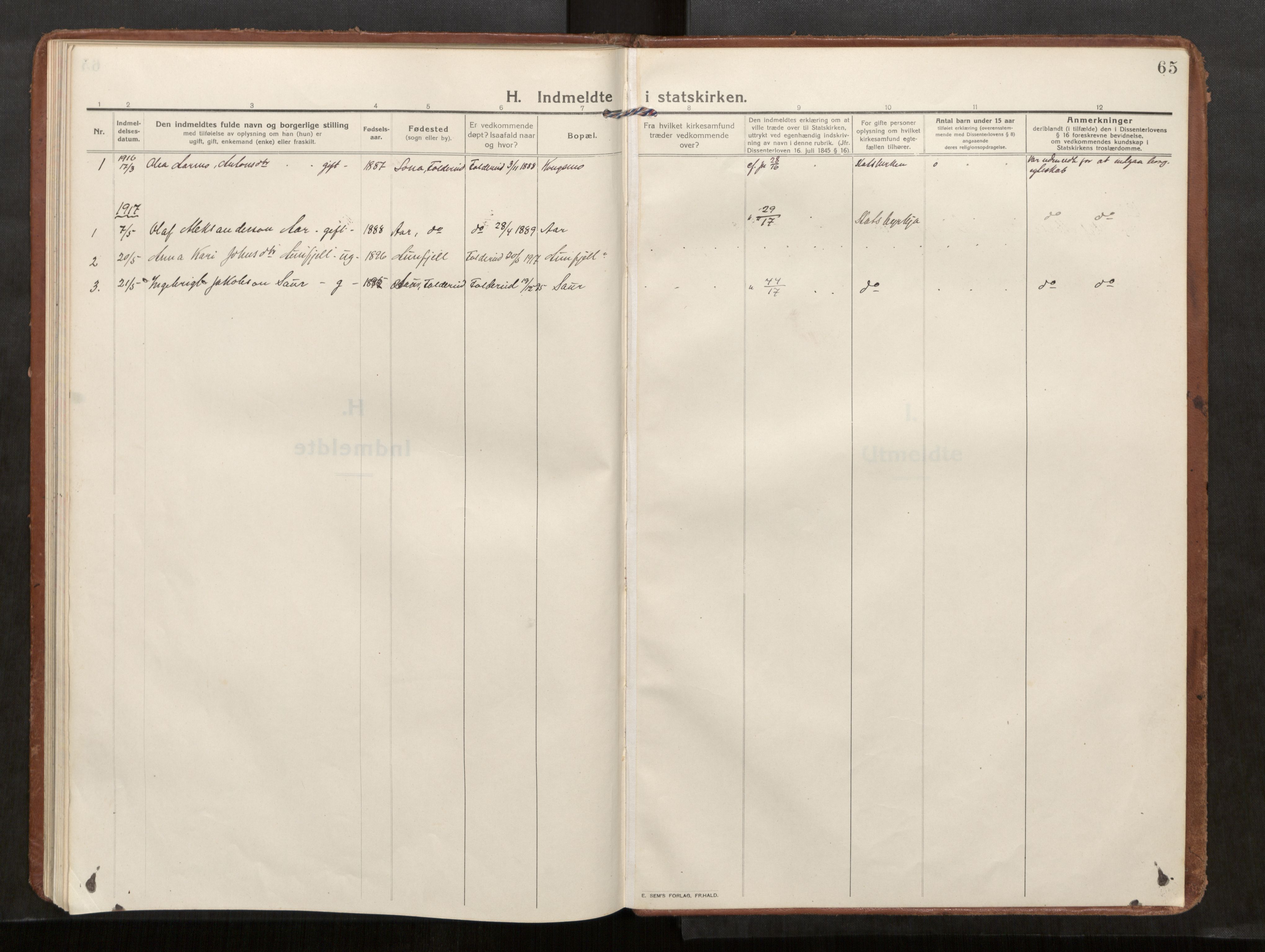 Kolvereid sokneprestkontor, SAT/A-1171/H/Ha/Haa/L0002: Parish register (official) no. 2, 1914-1926, p. 65