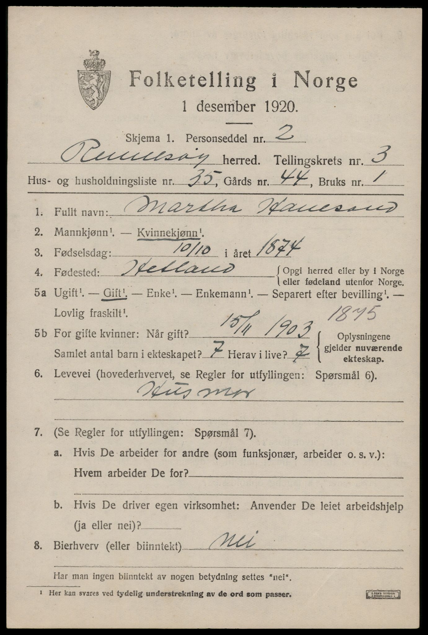 SAST, 1920 census for Rennesøy, 1920, p. 2358