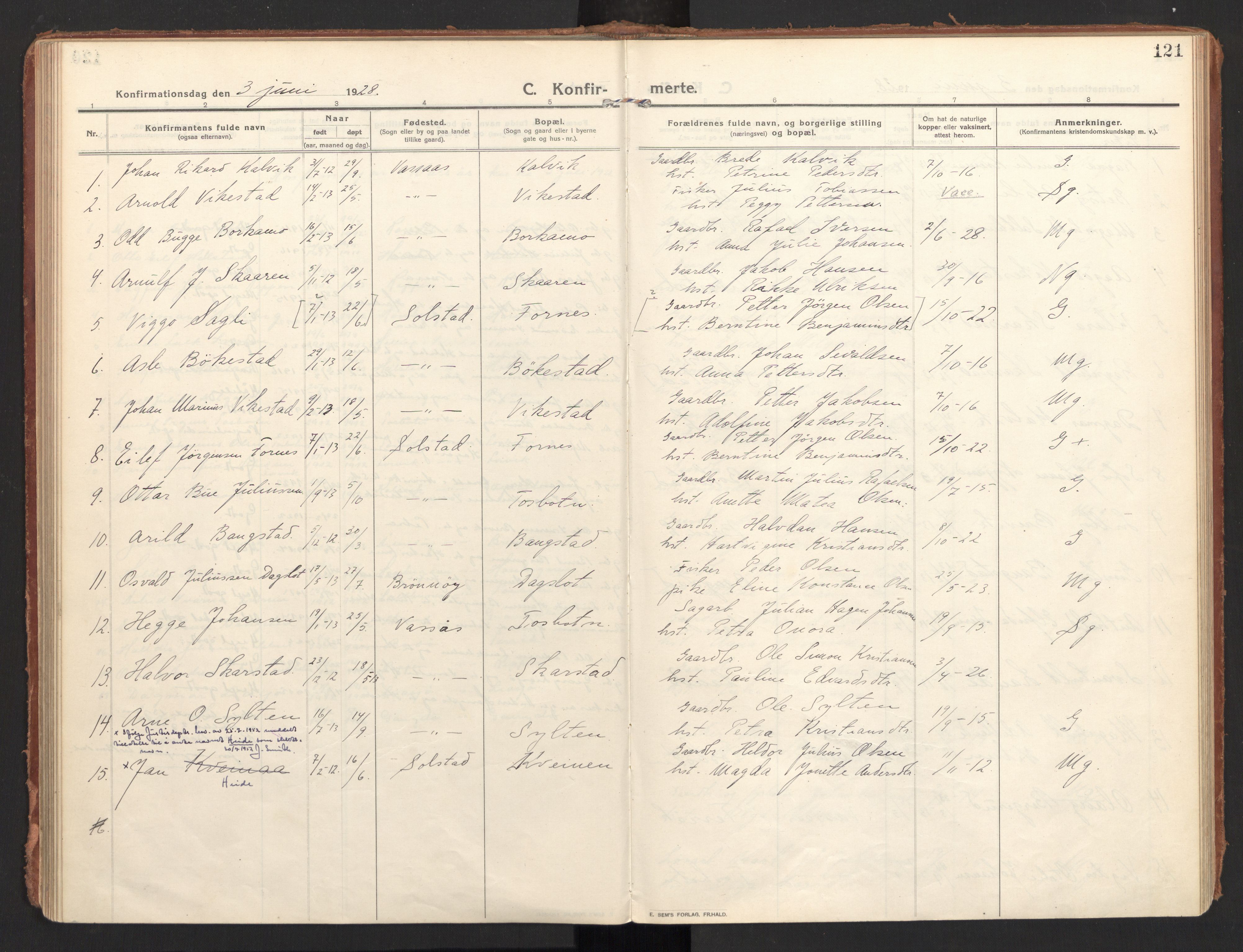 Ministerialprotokoller, klokkerbøker og fødselsregistre - Nordland, AV/SAT-A-1459/810/L0156: Parish register (official) no. 810A15, 1915-1930, p. 121