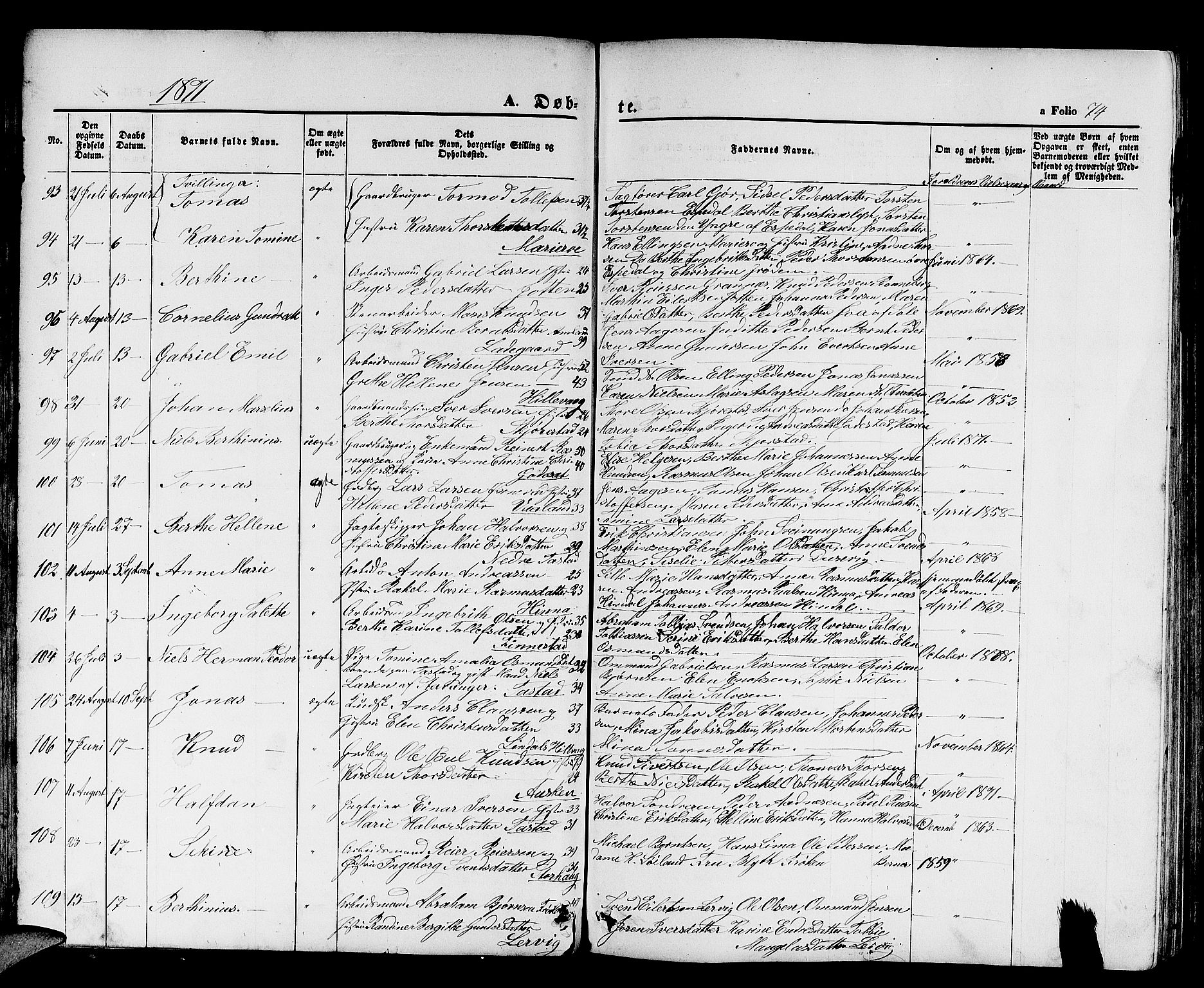 Hetland sokneprestkontor, SAST/A-101826/30/30BB/L0003: Parish register (copy) no. B 3, 1863-1877, p. 74