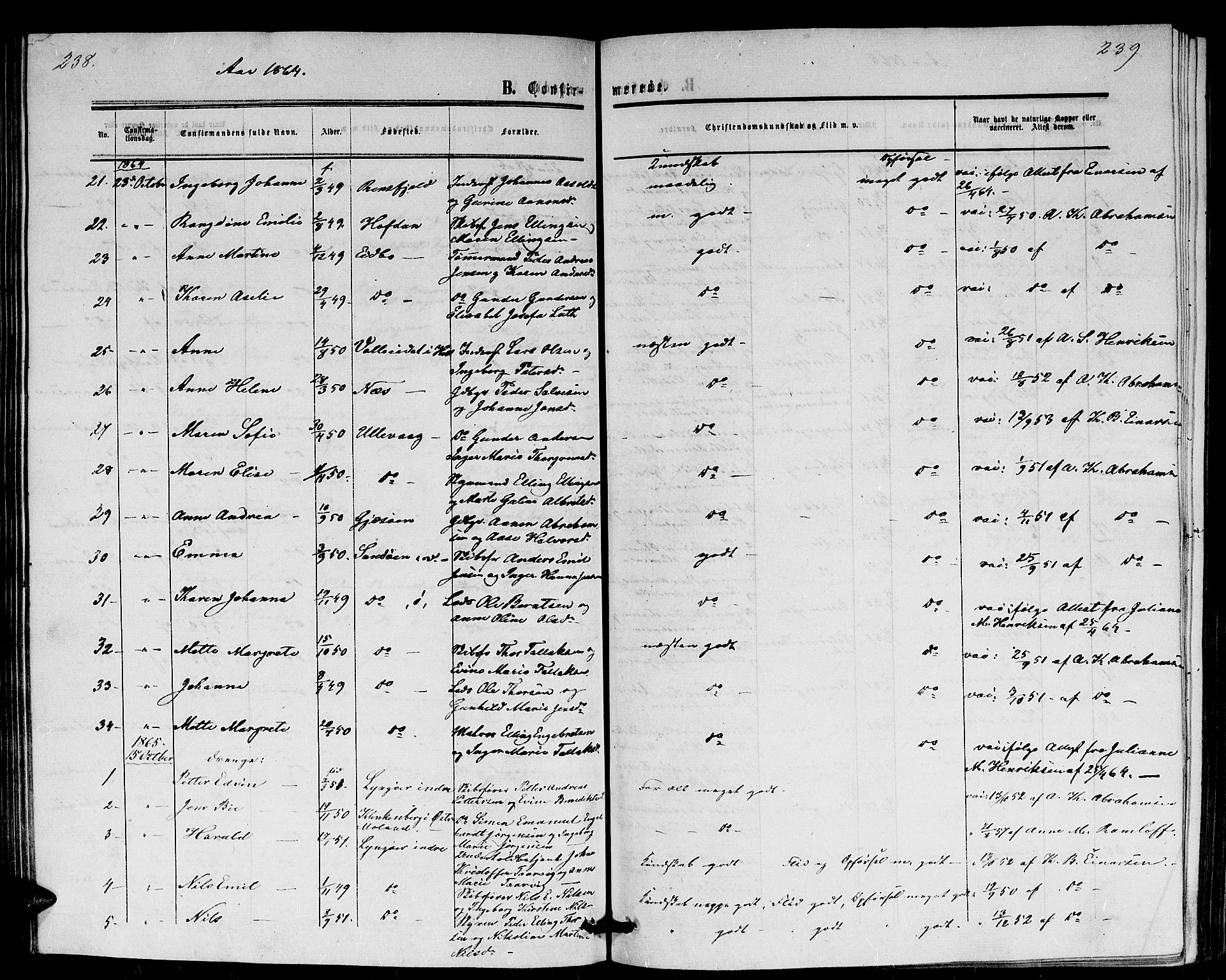 Dypvåg sokneprestkontor, SAK/1111-0007/F/Fb/Fba/L0011: Parish register (copy) no. B 11, 1857-1872, p. 238-239