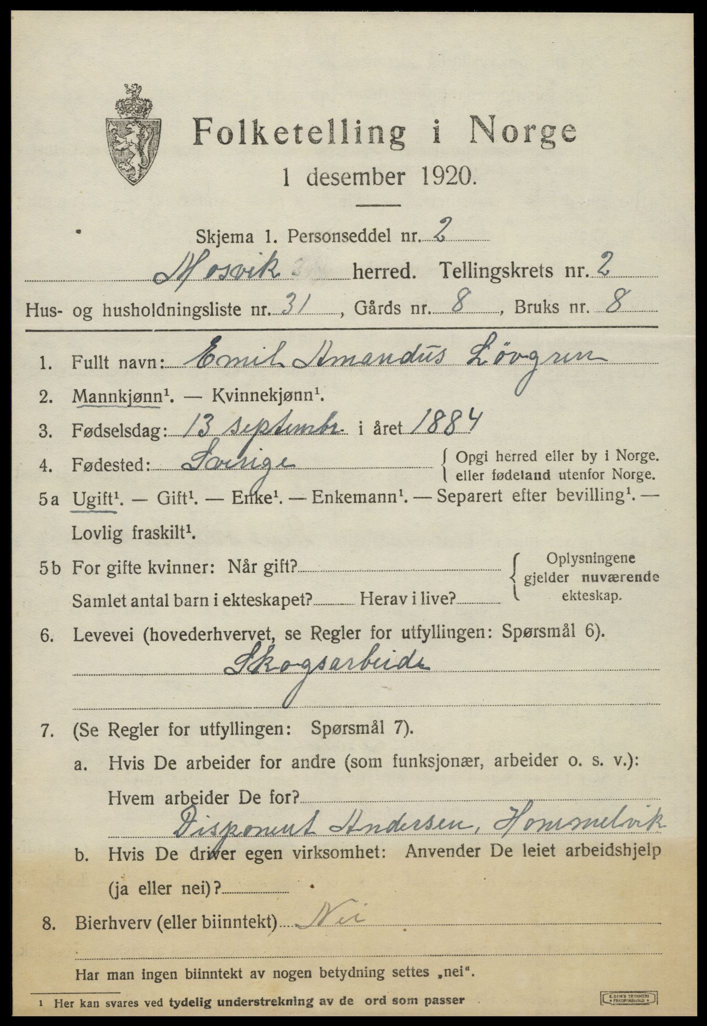 SAT, 1920 census for Mosvik, 1920, p. 844