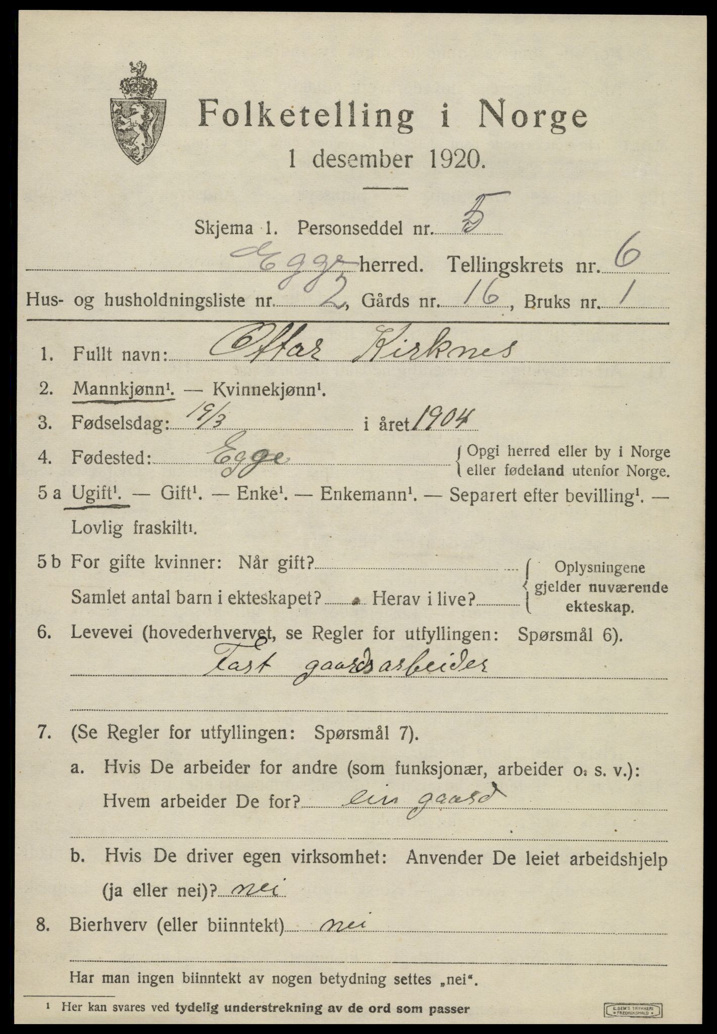 SAT, 1920 census for Egge, 1920, p. 3852