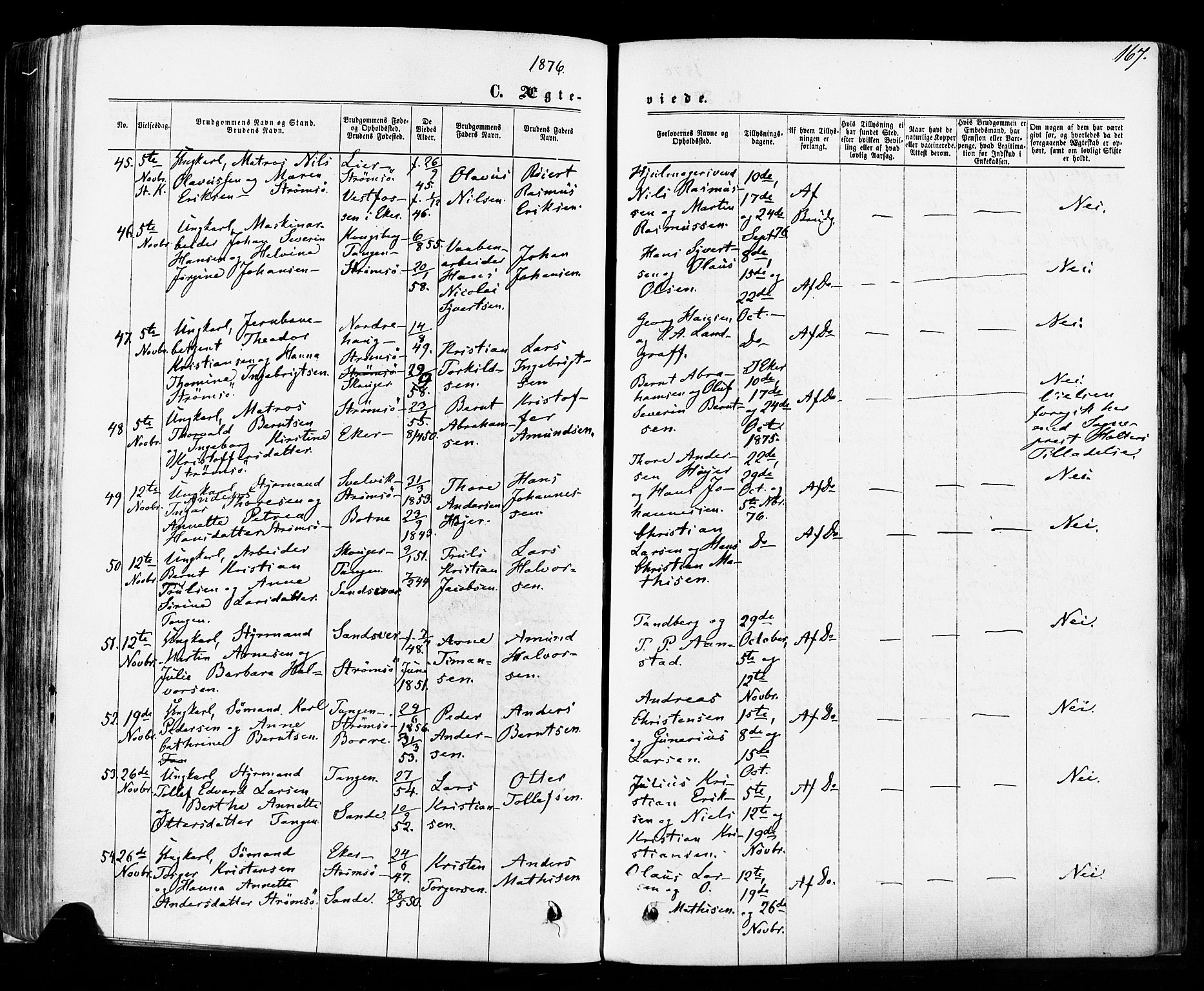 Strømsø kirkebøker, SAKO/A-246/F/Fa/L0018: Parish register (official) no. I 18, 1865-1878, p. 167