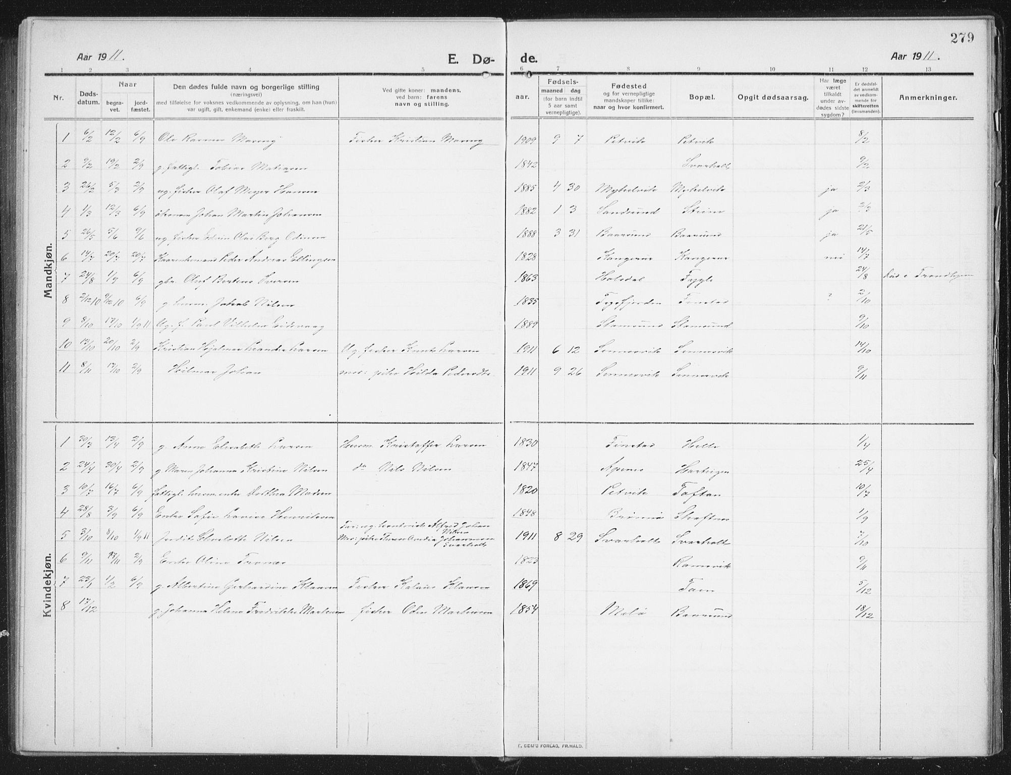 Ministerialprotokoller, klokkerbøker og fødselsregistre - Nordland, SAT/A-1459/882/L1183: Parish register (copy) no. 882C01, 1911-1938, p. 279