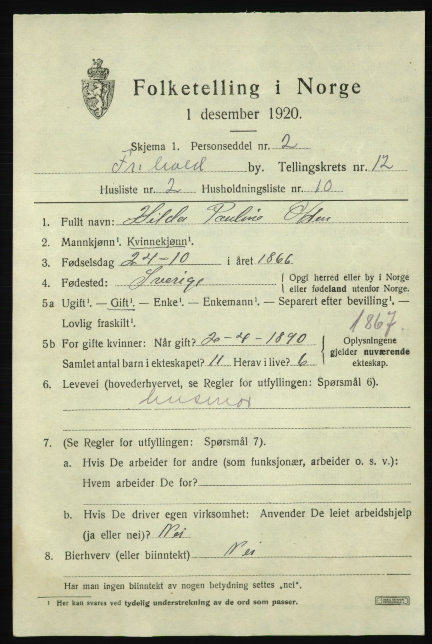 SAO, 1920 census for Fredrikshald, 1920, p. 19921