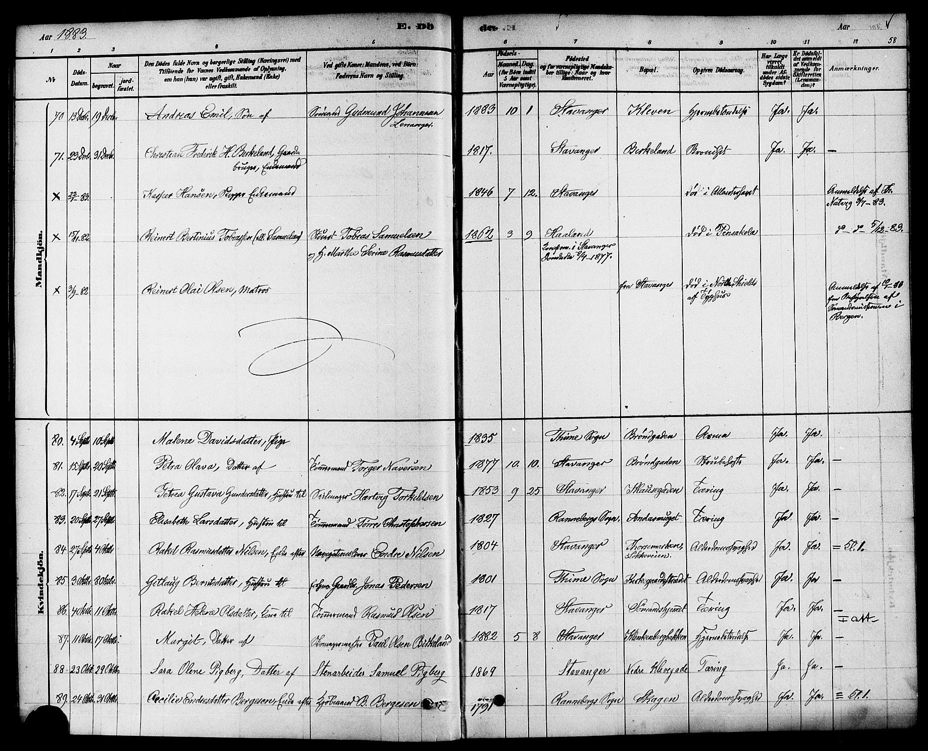 Domkirken sokneprestkontor, SAST/A-101812/001/30/30BA/L0027: Parish register (official) no. A 26, 1878-1896, p. 58