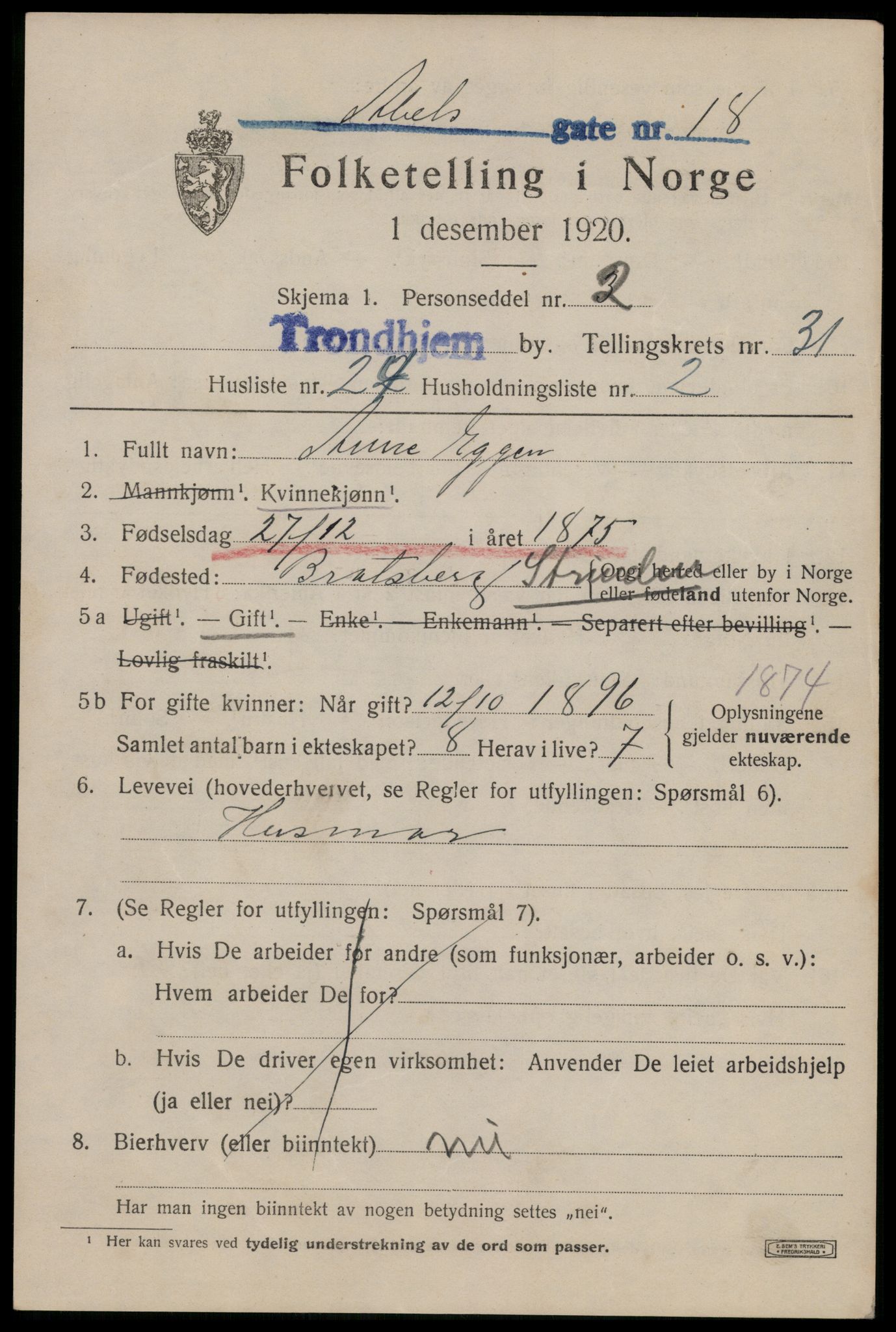 SAT, 1920 census for Trondheim, 1920, p. 77020