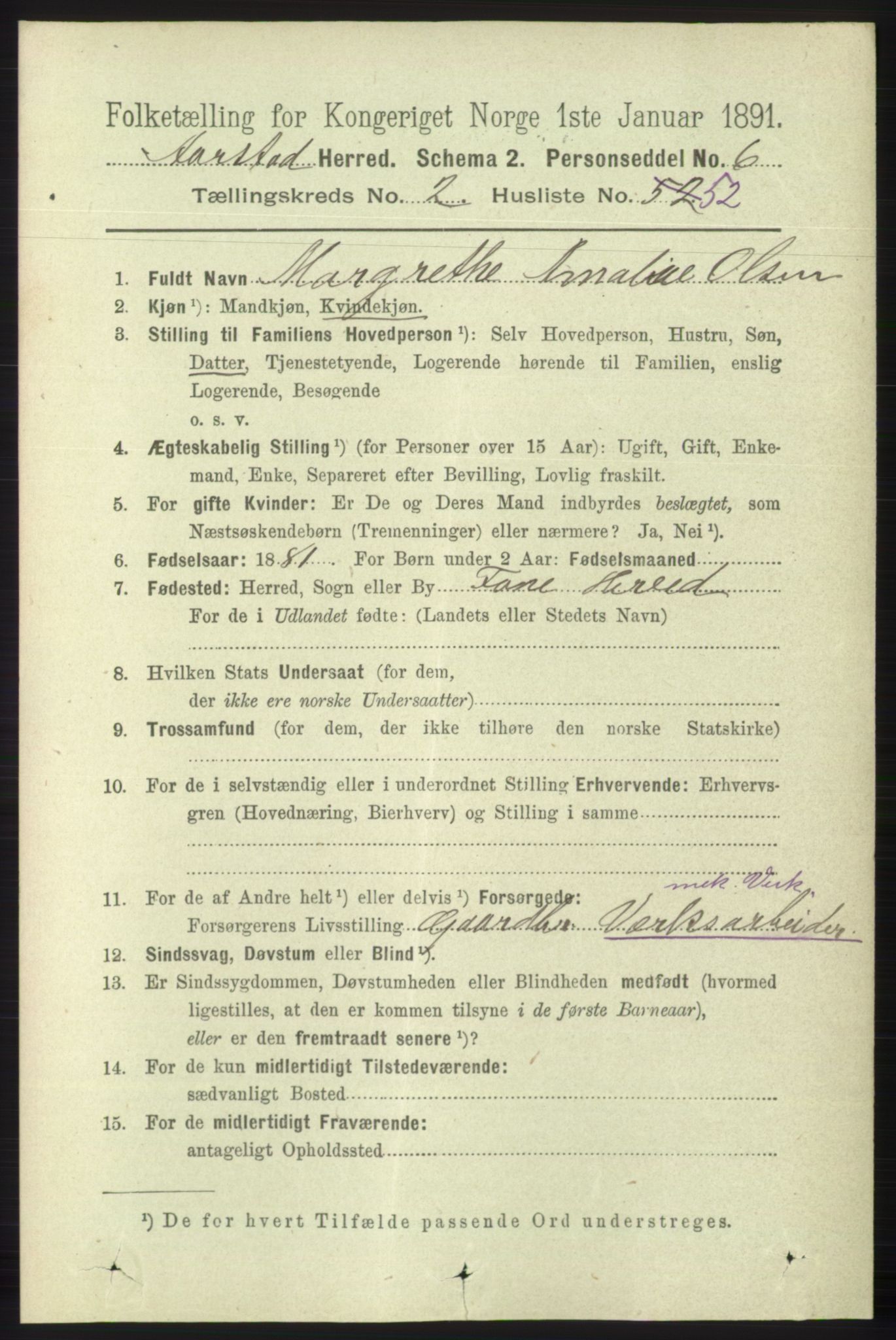 SAB, 1891 Census for 1280 Årstad, 1891, p. 1497