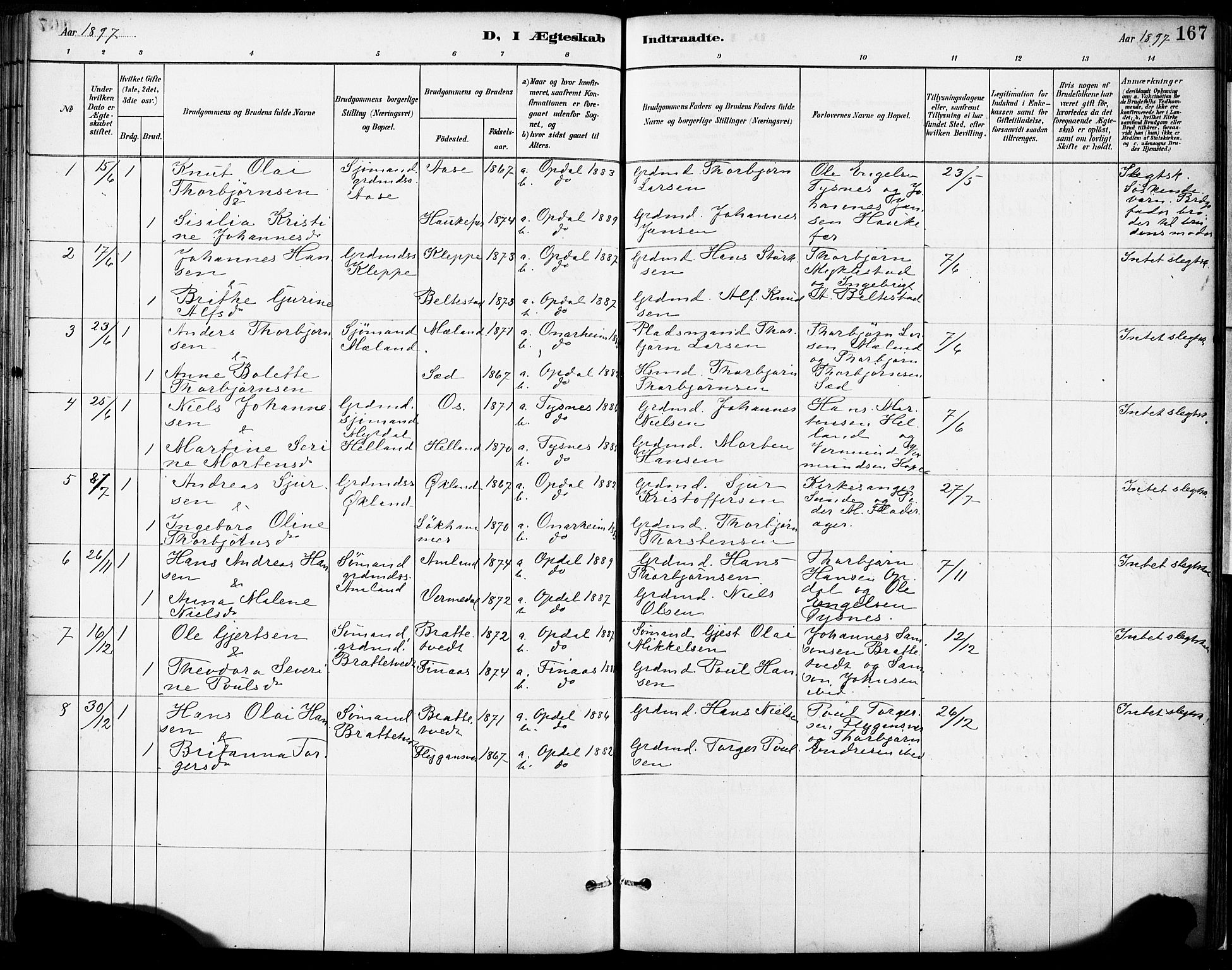 Tysnes sokneprestembete, SAB/A-78601/H/Haa: Parish register (official) no. D 1, 1887-1904, p. 167