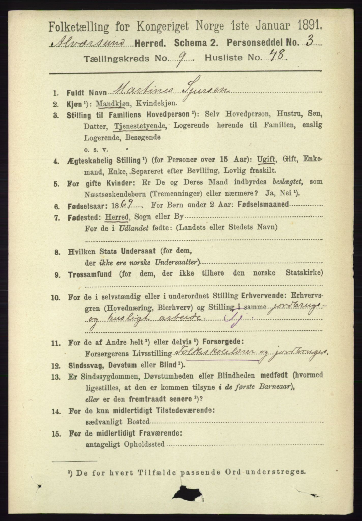 RA, 1891 census for 1257 Alversund, 1891, p. 3425