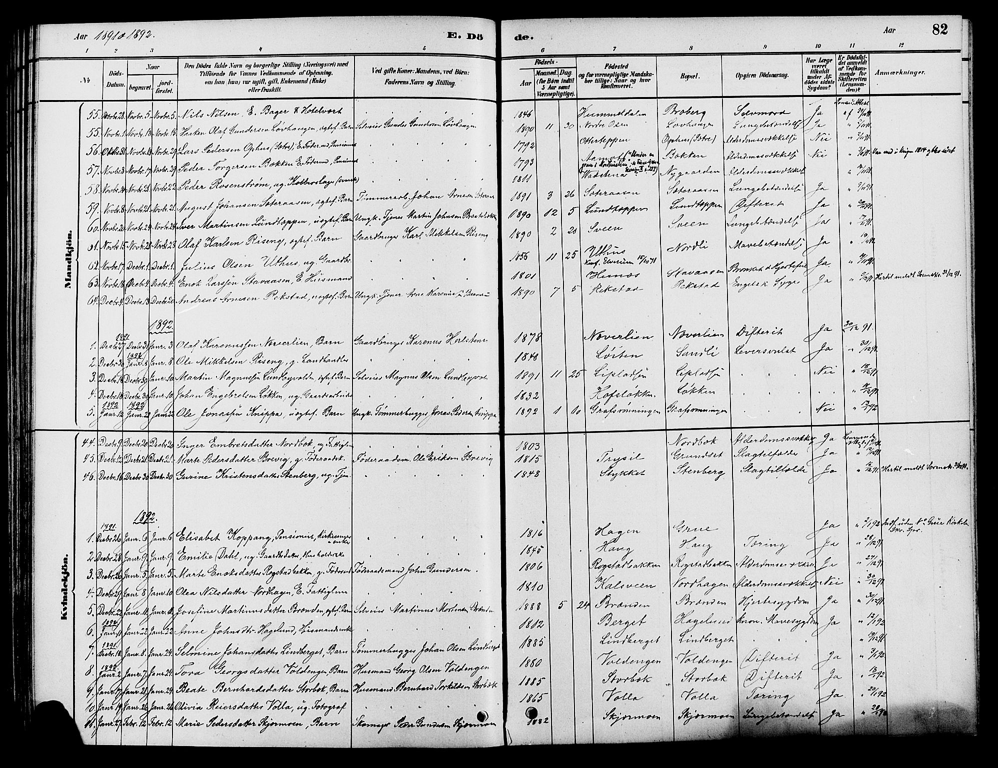 Elverum prestekontor, AV/SAH-PREST-044/H/Ha/Haa/L0012: Parish register (official) no. 12, 1880-1893, p. 82