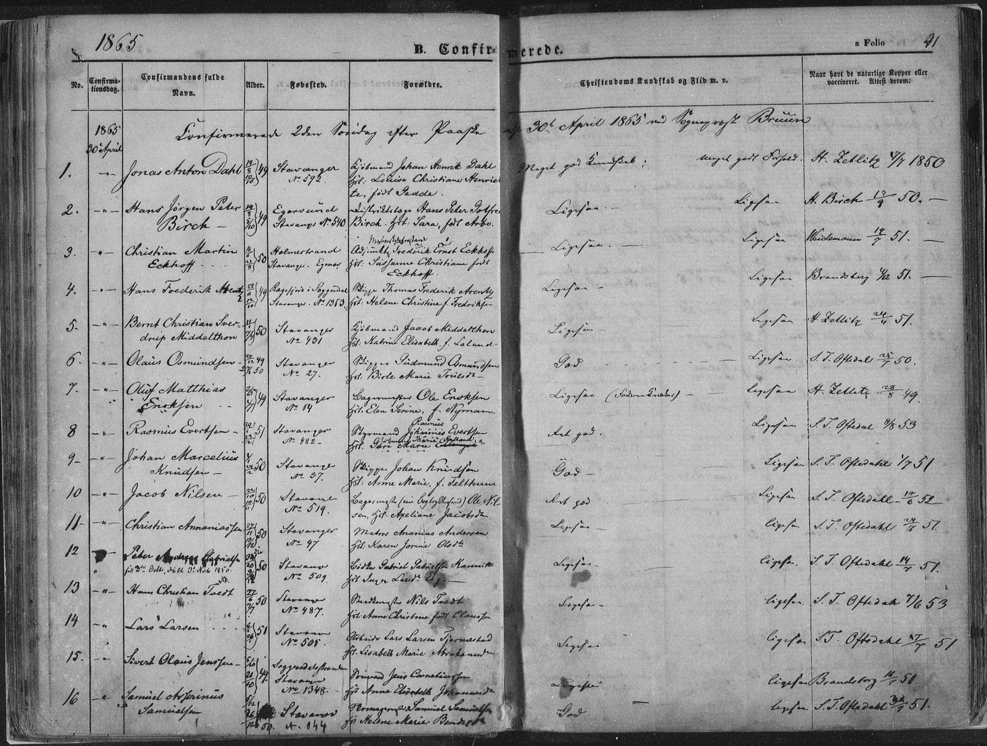 Domkirken sokneprestkontor, AV/SAST-A-101812/001/30/30BA/L0018: Parish register (official) no. A 17, 1857-1877, p. 41