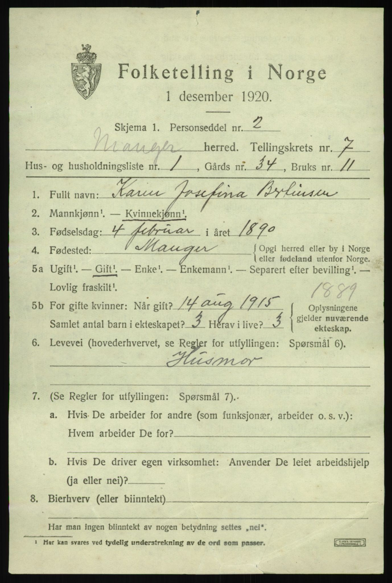 SAB, 1920 census for Manger, 1920, p. 4305