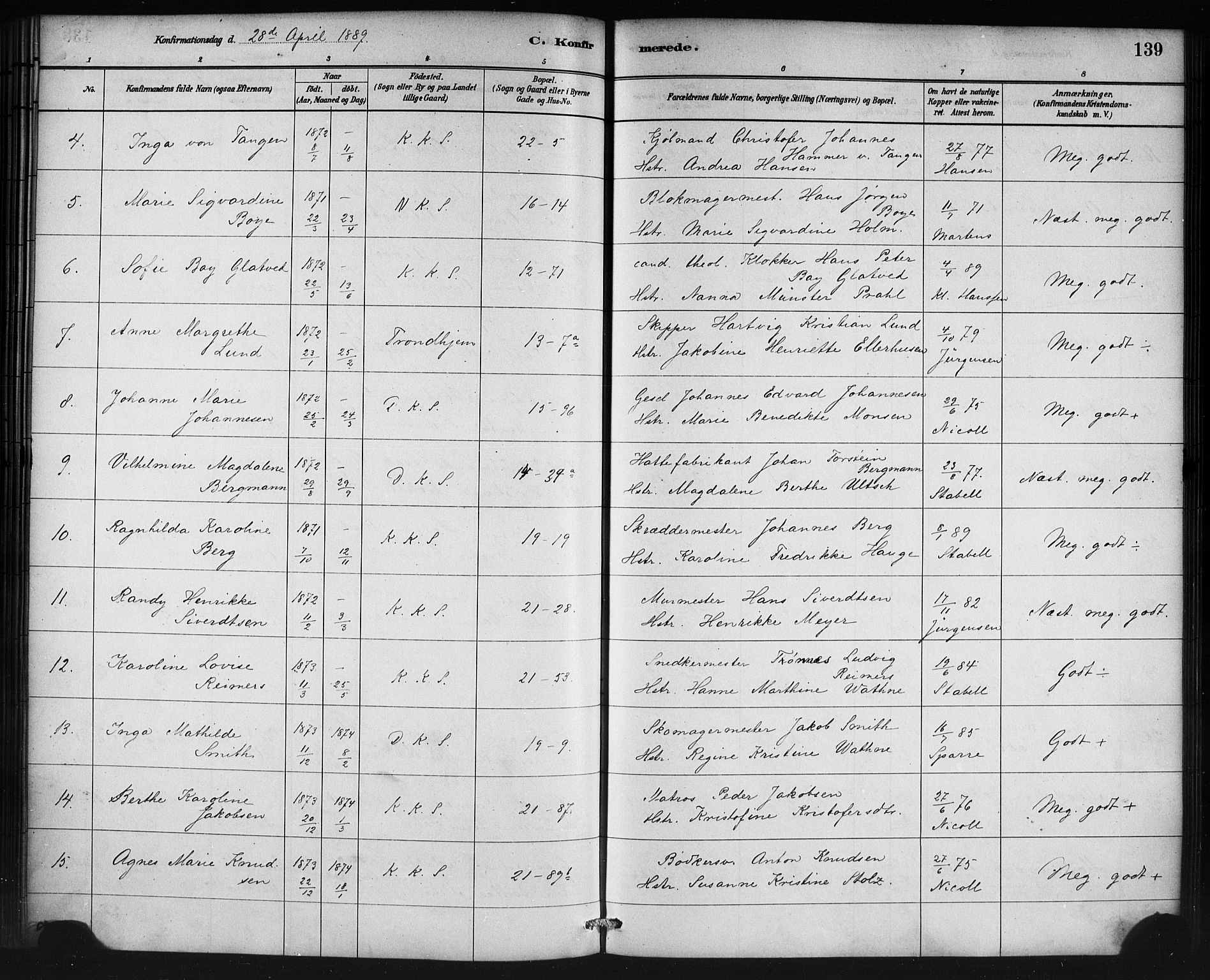 Korskirken sokneprestembete, AV/SAB-A-76101/H/Haa/L0029: Parish register (official) no. C 5, 1880-1892, p. 139