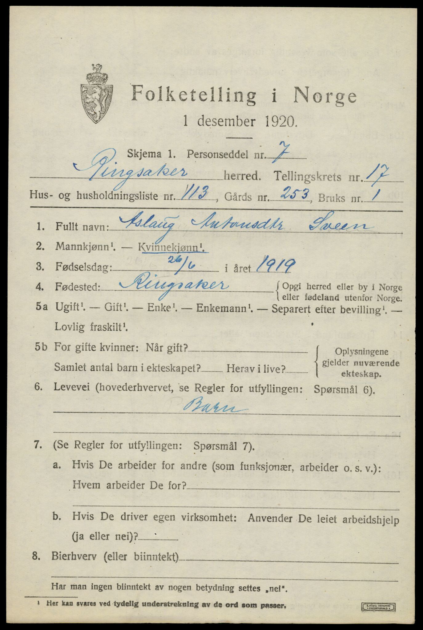 SAH, 1920 census for Ringsaker, 1920, p. 25058