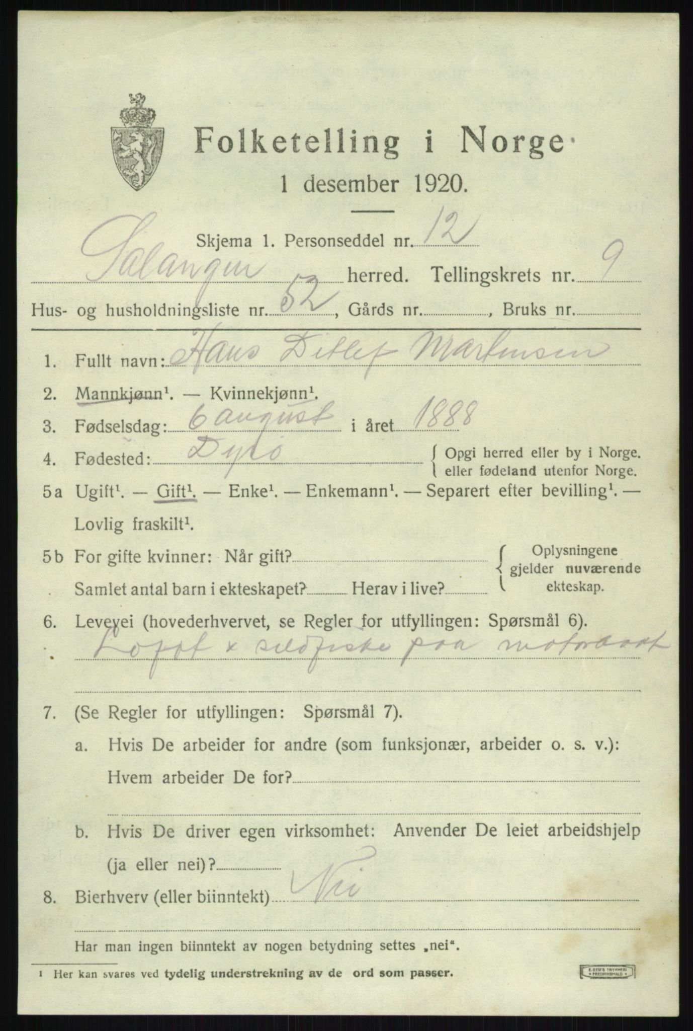 SATØ, 1920 census for Salangen, 1920, p. 6266