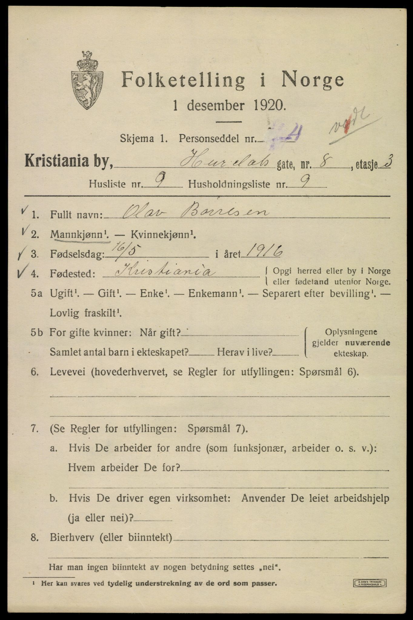 SAO, 1920 census for Kristiania, 1920, p. 302075