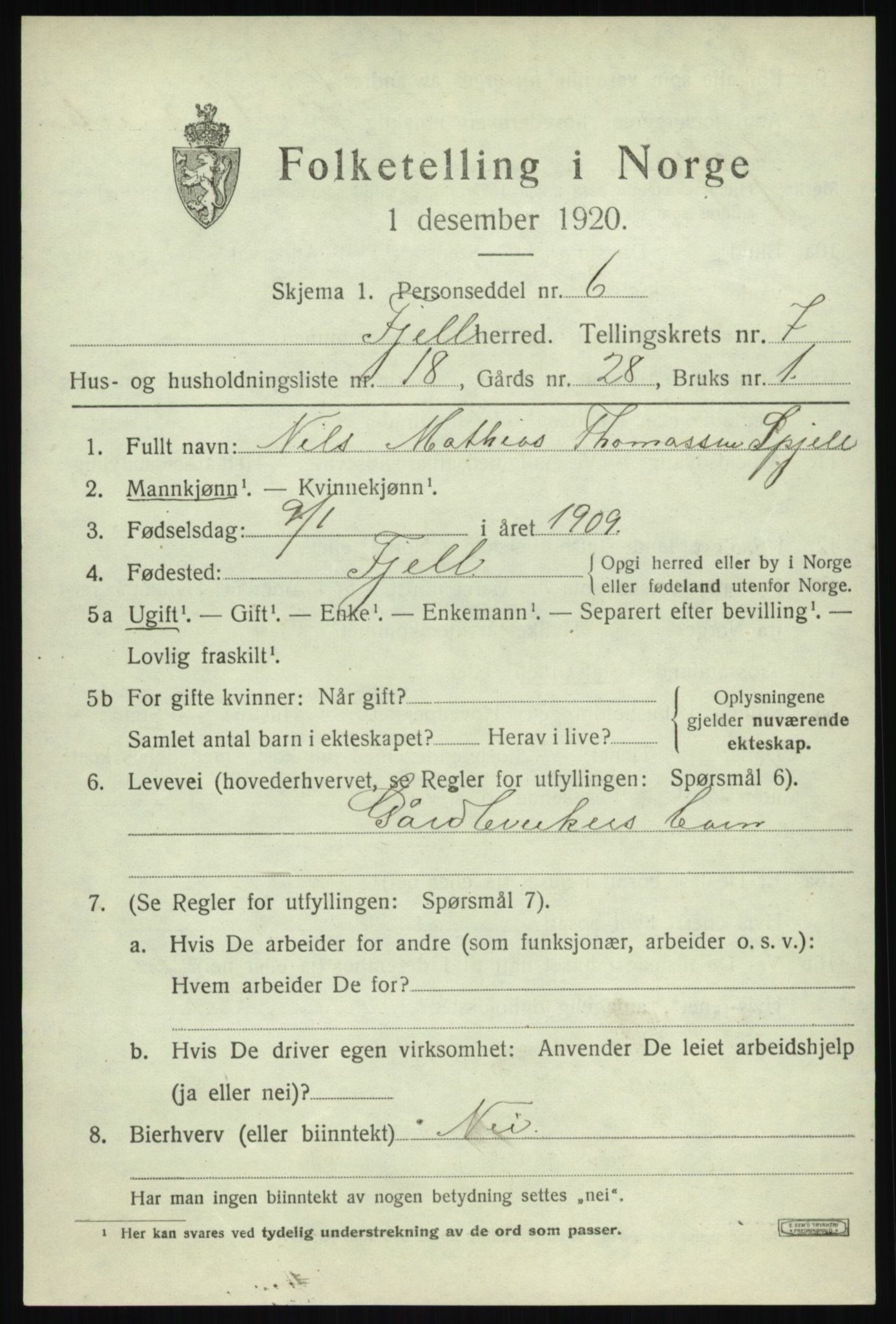 SAB, 1920 census for Fjell, 1920, p. 6652