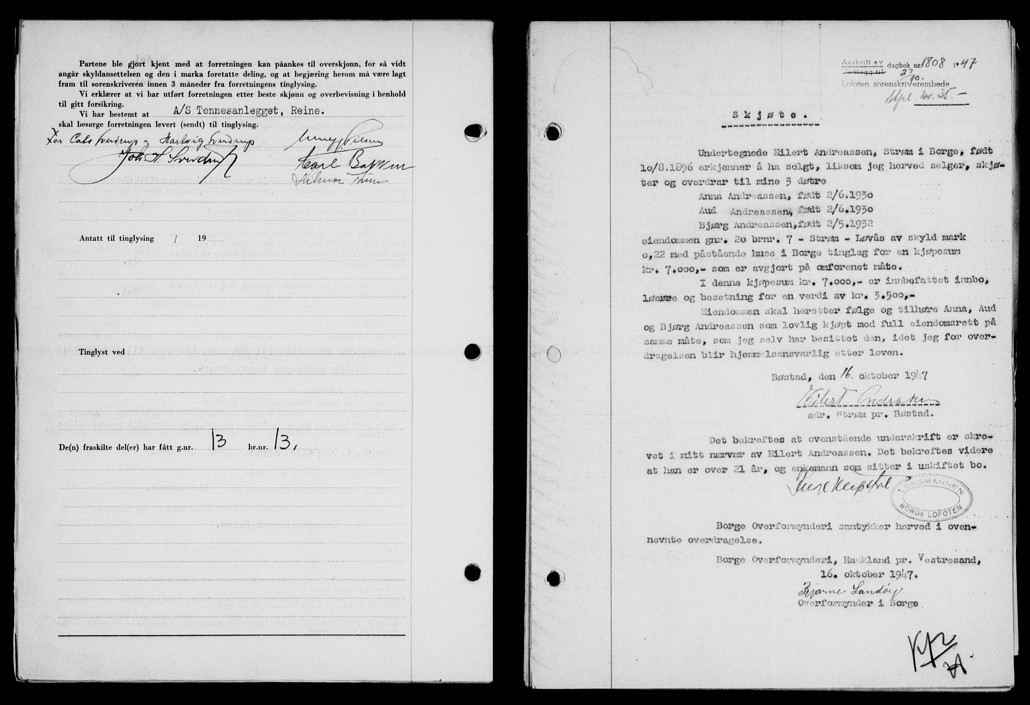 Lofoten sorenskriveri, SAT/A-0017/1/2/2C/L0017a: Mortgage book no. 17a, 1947-1948, Diary no: : 1808/1947