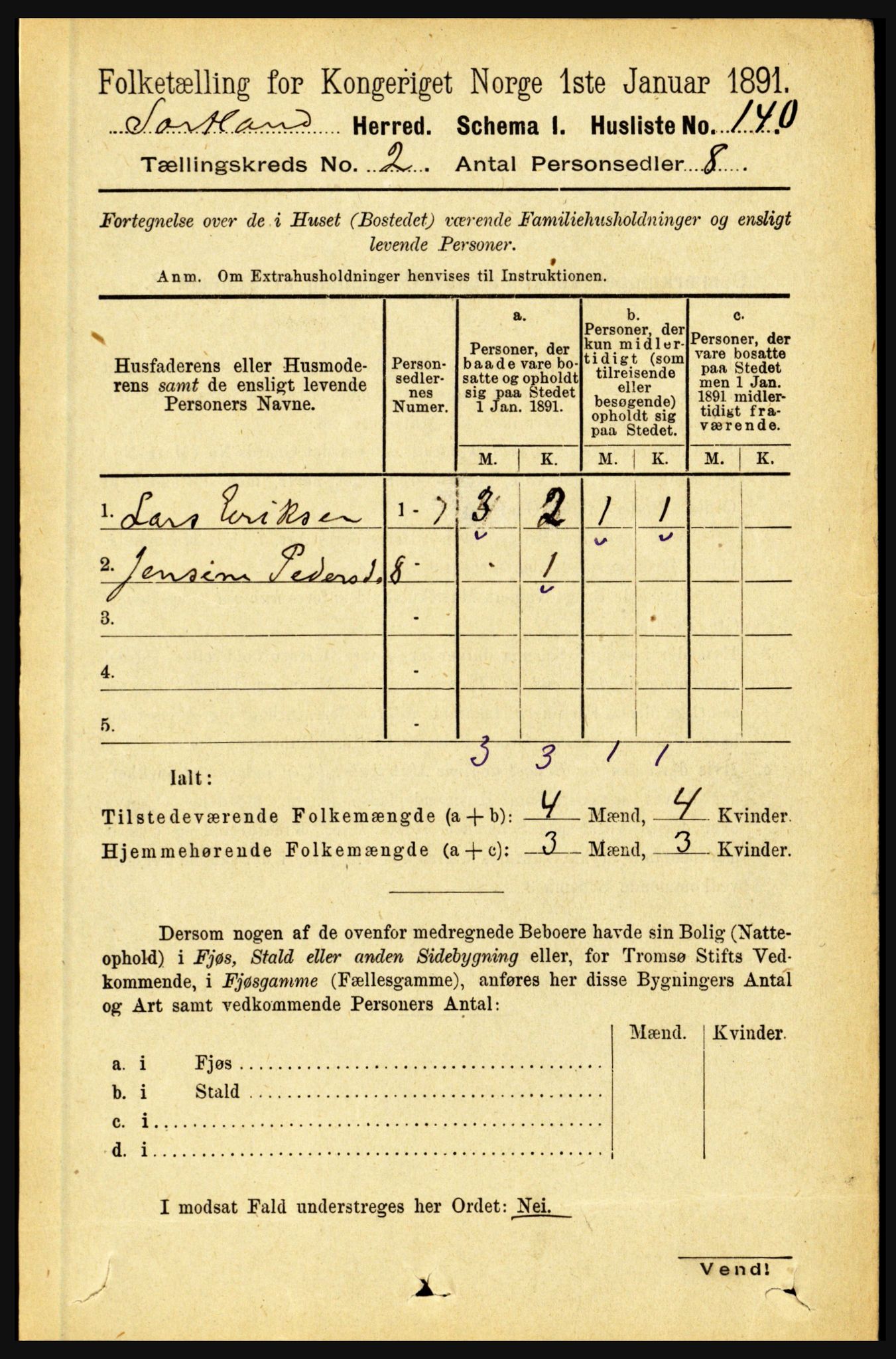 RA, 1891 census for 1870 Sortland, 1891, p. 979