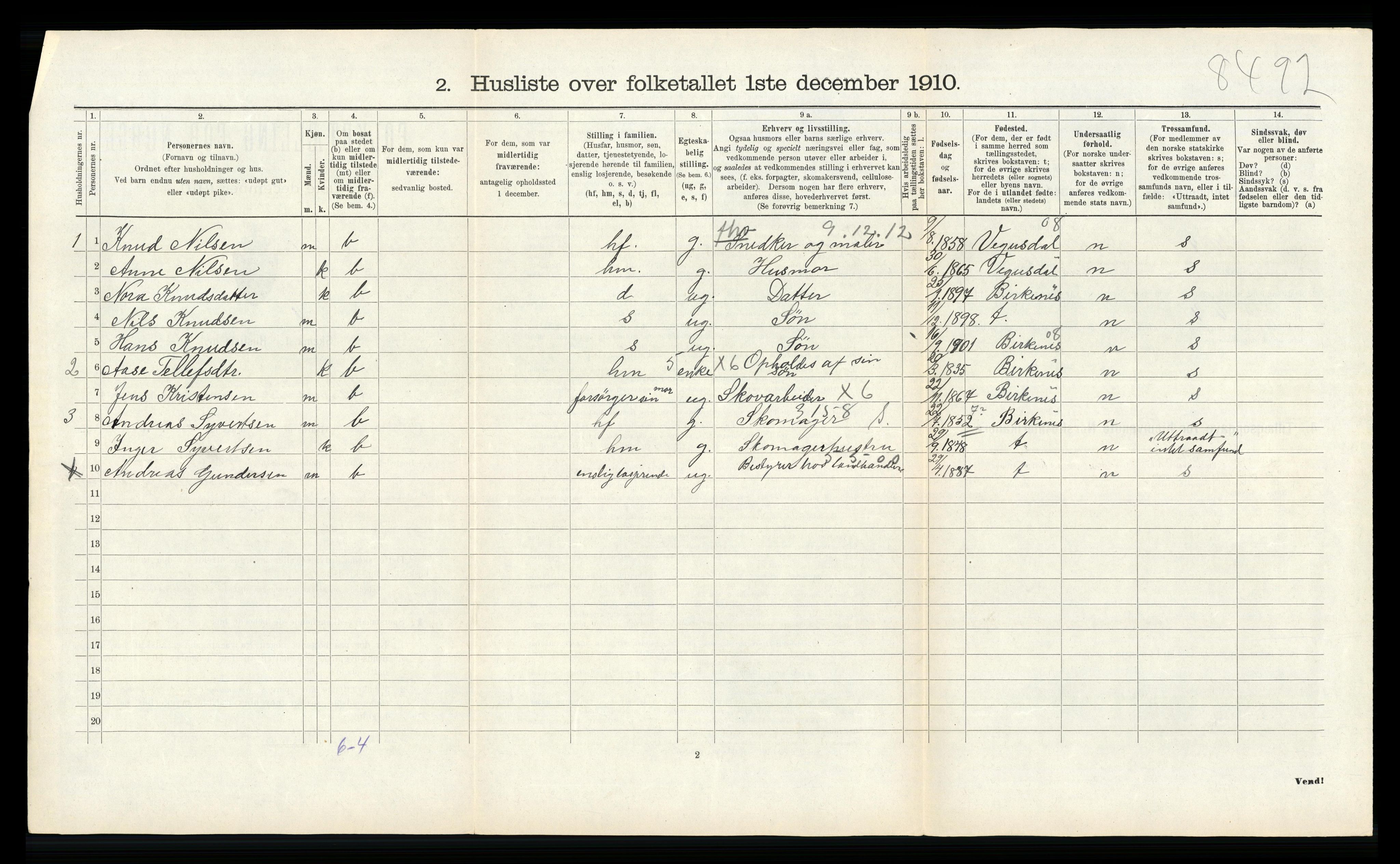 RA, 1910 census for Vennesla, 1910, p. 455