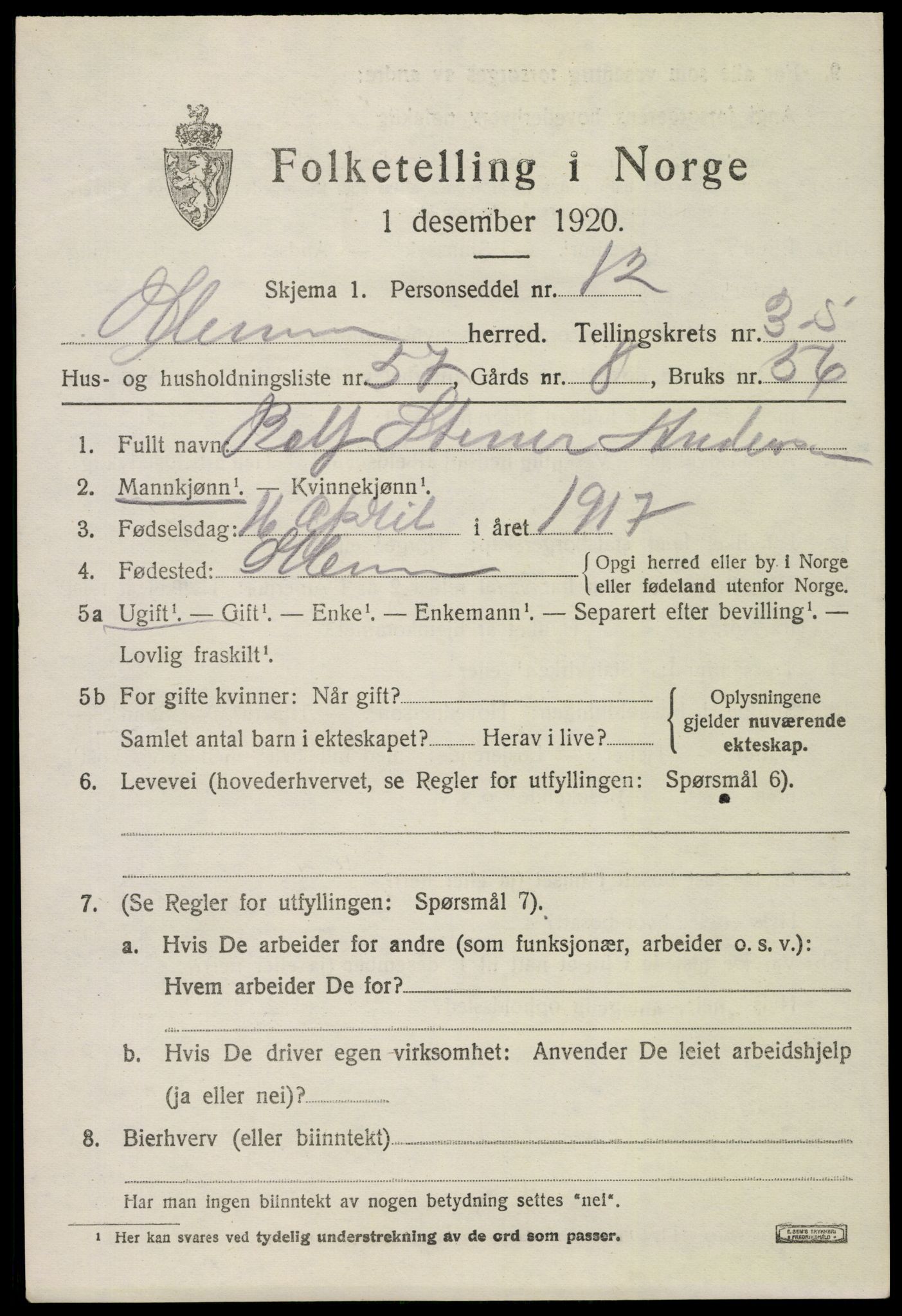 SAO, 1920 census for Glemmen, 1920, p. 9023