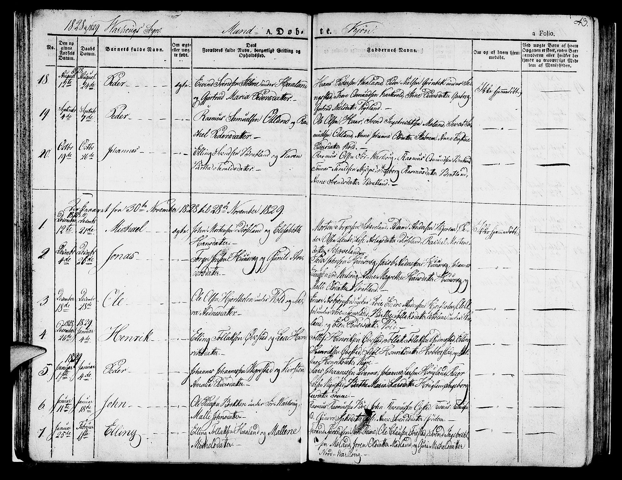 Hå sokneprestkontor, AV/SAST-A-101801/001/30BA/L0004: Parish register (official) no. A 4.1 /2, 1826-1841, p. 43