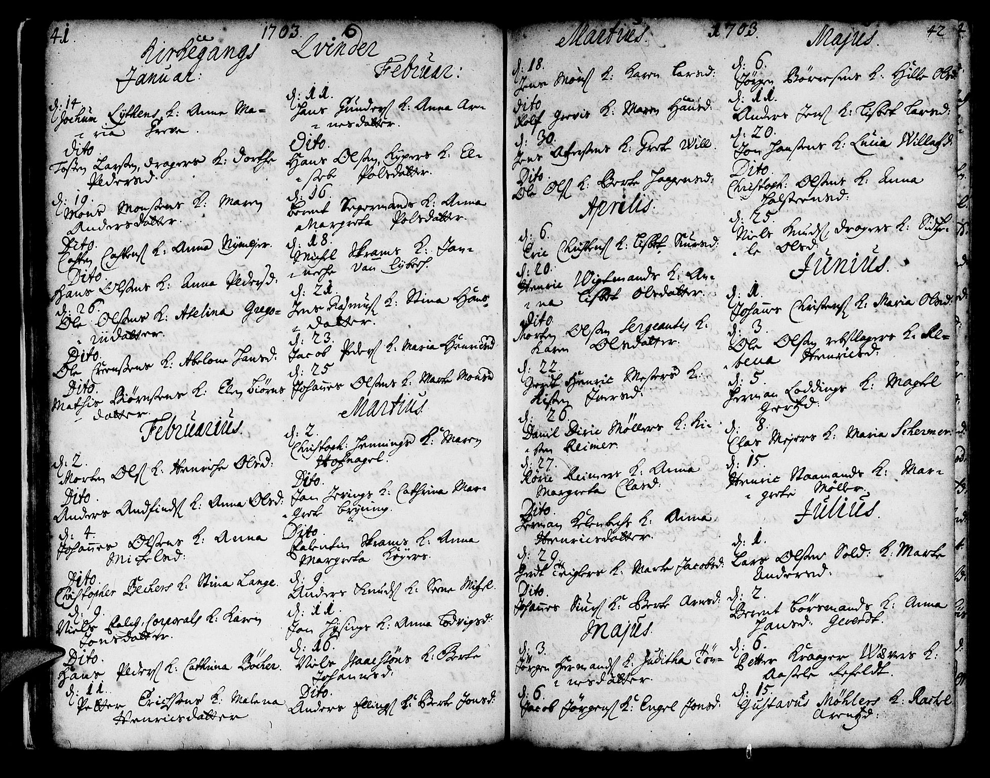 Korskirken sokneprestembete, SAB/A-76101/H/Haa/L0008: Parish register (official) no. A 8, 1698-1747, p. 41-42