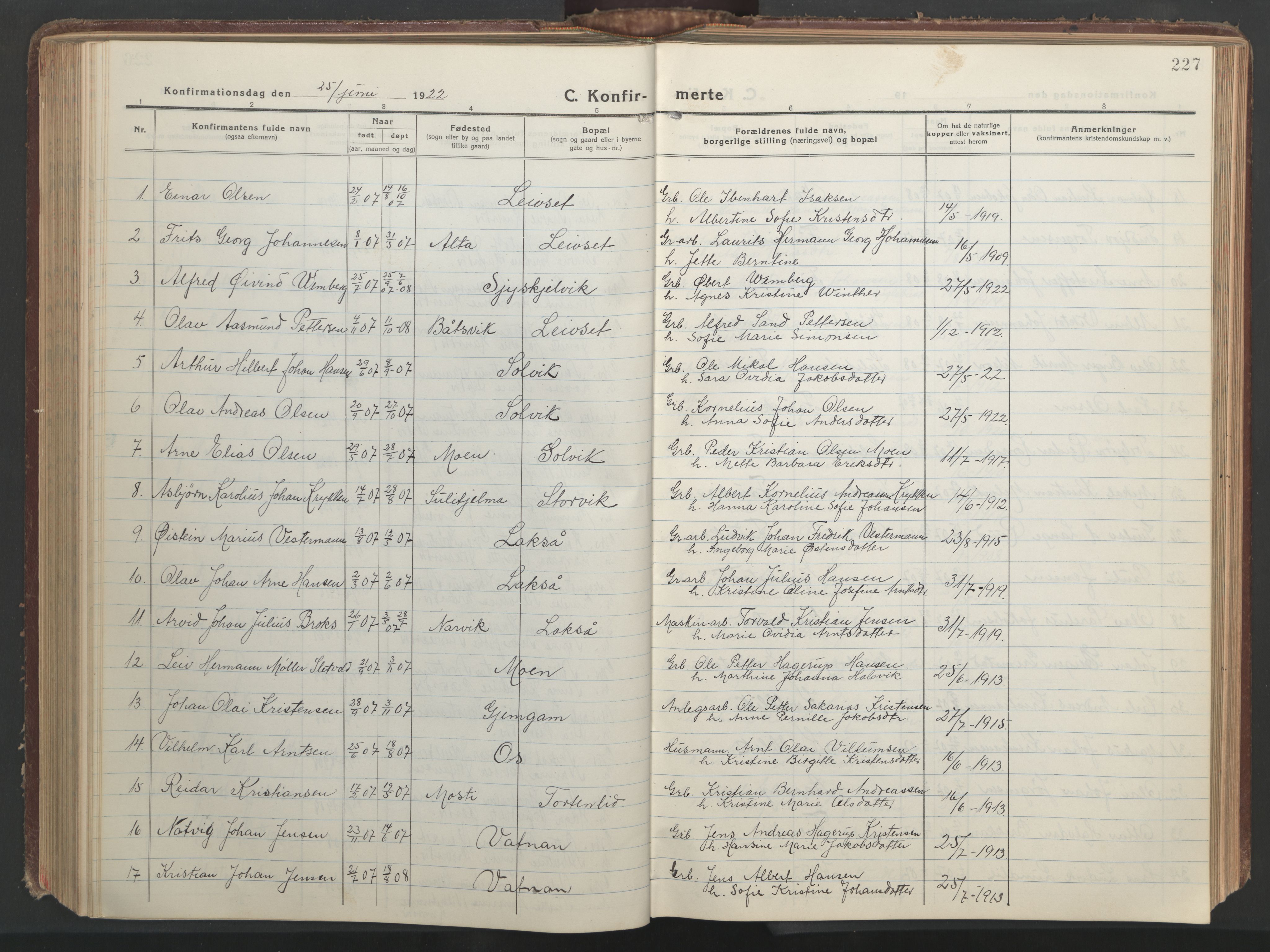 Ministerialprotokoller, klokkerbøker og fødselsregistre - Nordland, AV/SAT-A-1459/849/L0700: Parish register (copy) no. 849C01, 1919-1946, p. 227