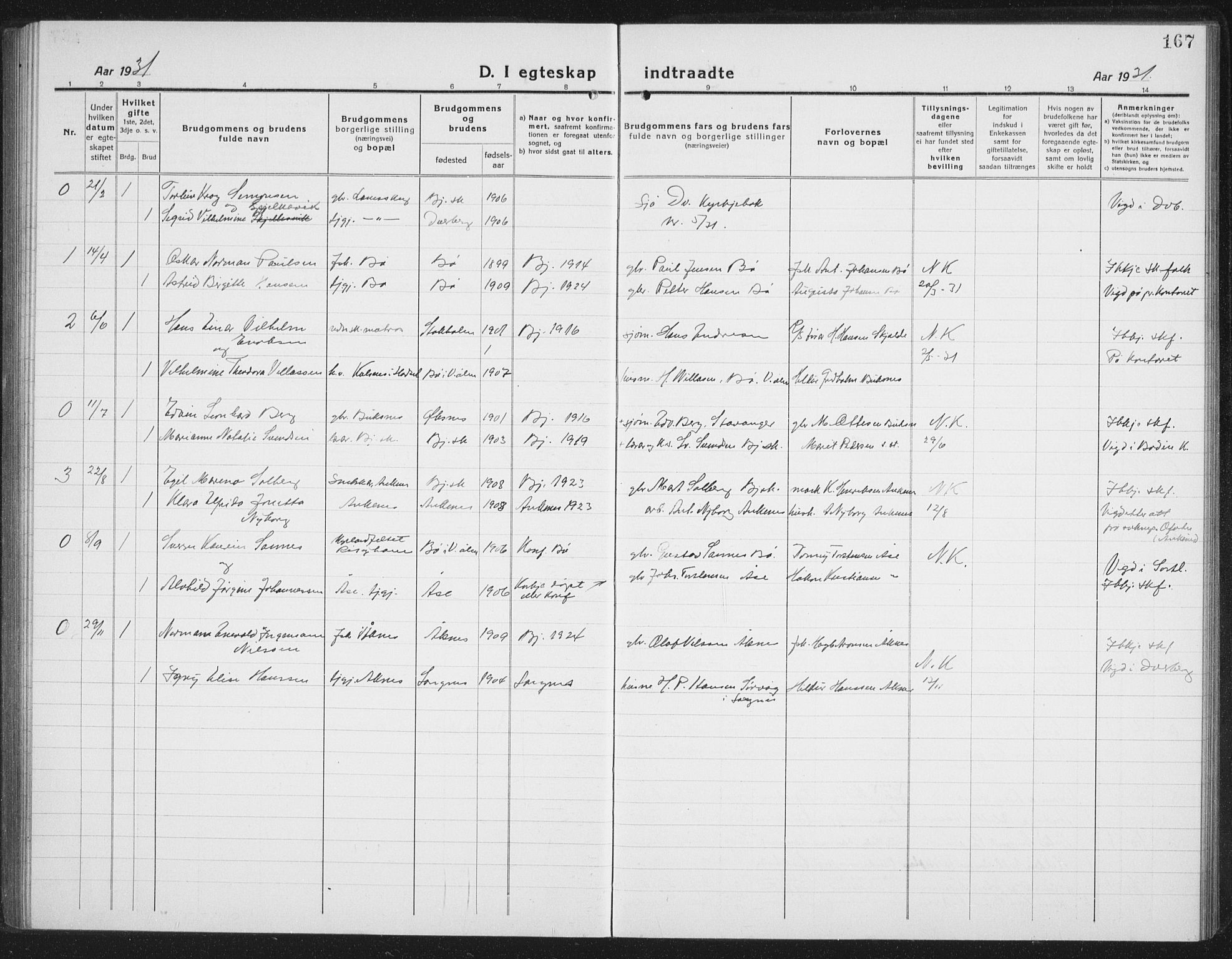 Ministerialprotokoller, klokkerbøker og fødselsregistre - Nordland, AV/SAT-A-1459/898/L1428: Parish register (copy) no. 898C03, 1918-1938, p. 167