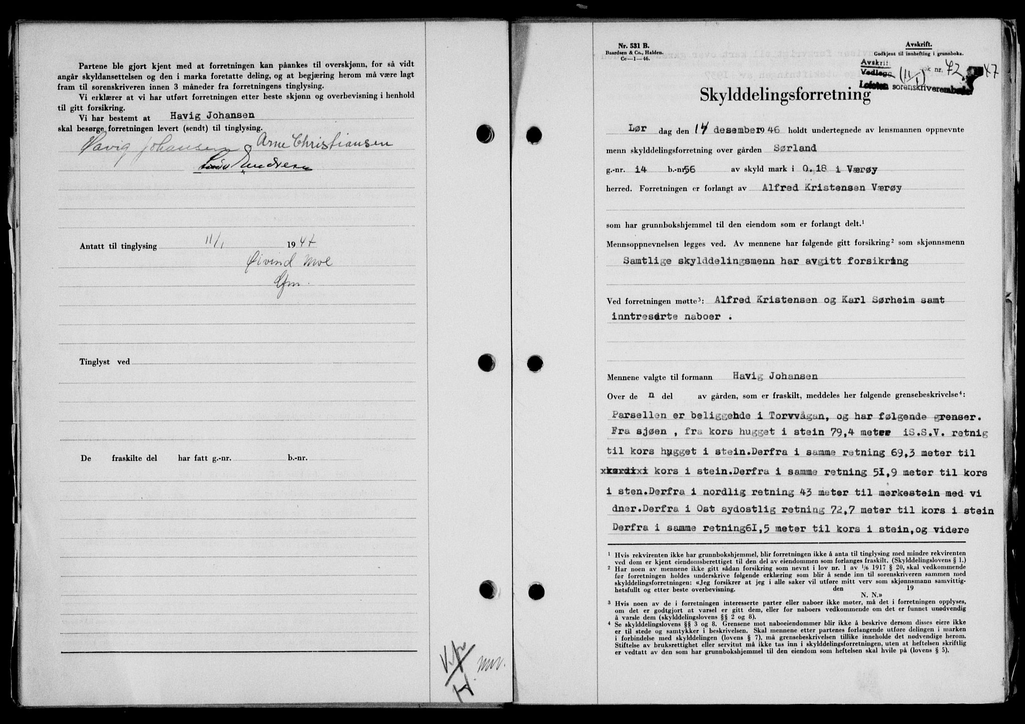 Lofoten sorenskriveri, SAT/A-0017/1/2/2C/L0015a: Mortgage book no. 15a, 1946-1947, Diary no: : 72/1947