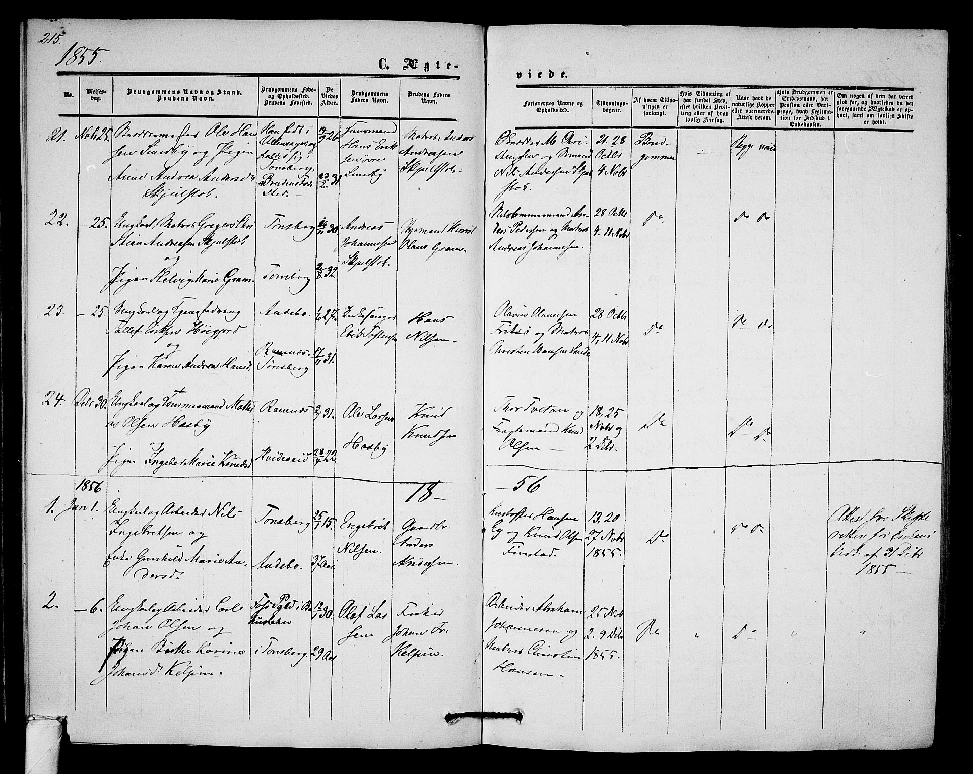 Tønsberg kirkebøker, AV/SAKO-A-330/G/Ga/L0003: Parish register (copy) no. 3, 1855-1864, p. 215