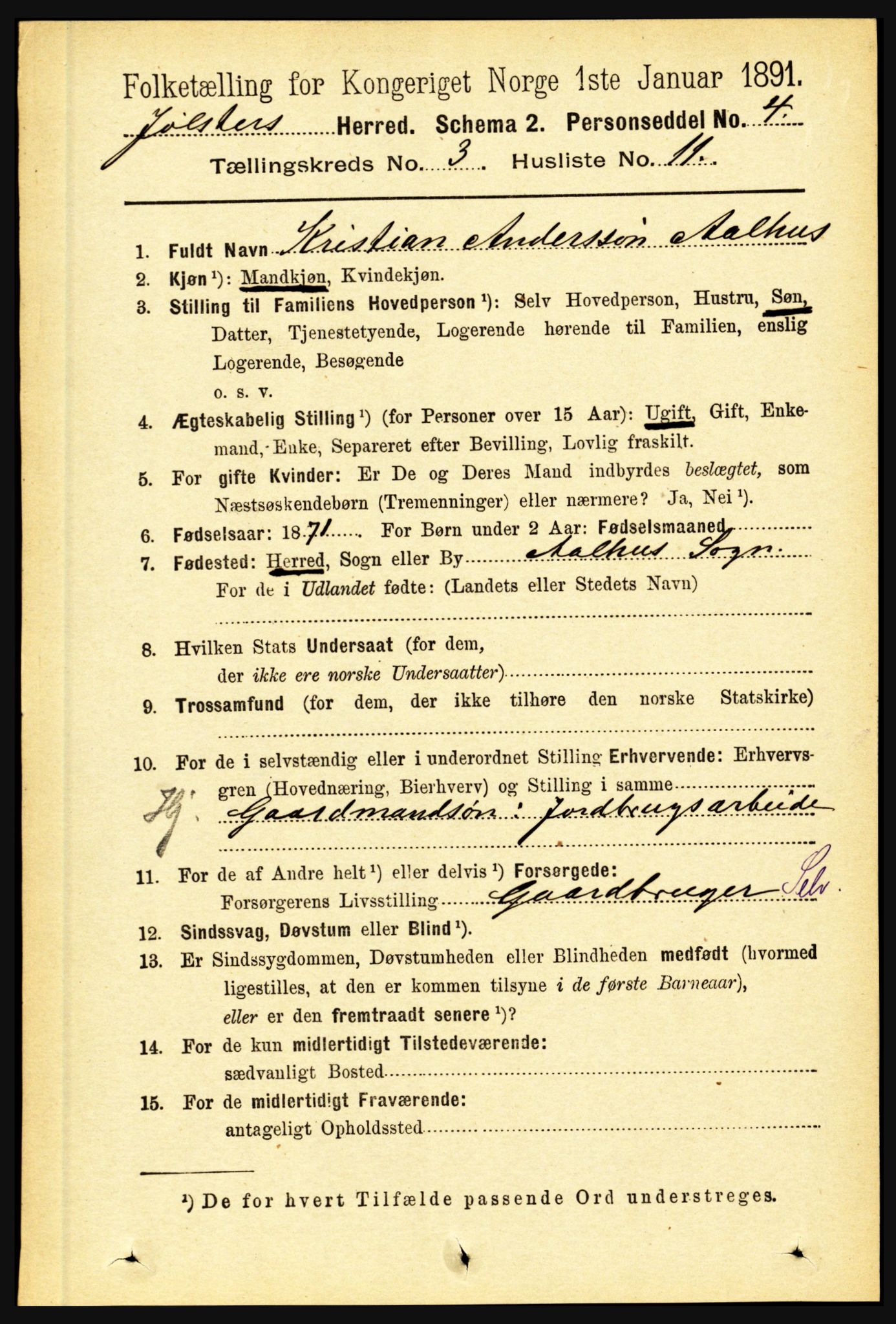 RA, 1891 census for 1431 Jølster, 1891, p. 1047