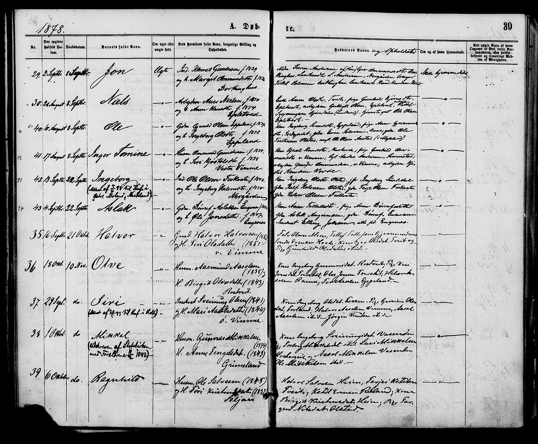 Åmli sokneprestkontor, AV/SAK-1111-0050/F/Fa/Fac/L0009: Parish register (official) no. A 9 /1, 1869-1884, p. 39
