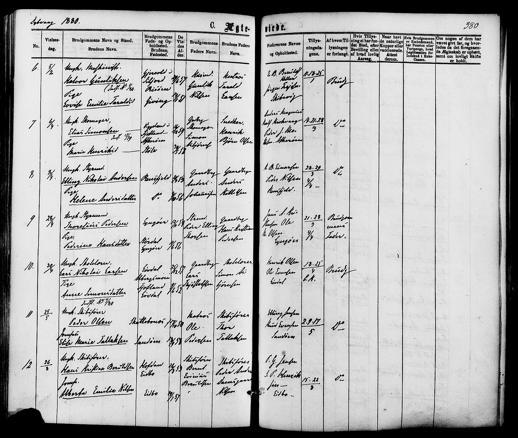 Dypvåg sokneprestkontor, AV/SAK-1111-0007/F/Fa/Faa/L0007: Parish register (official) no. A 7/ 1, 1872-1884, p. 380