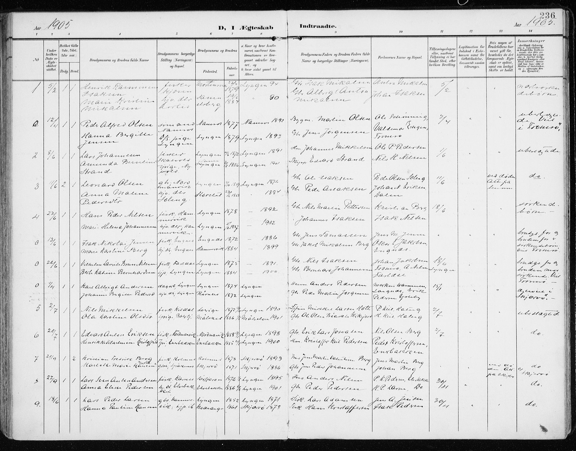 Lyngen sokneprestembete, SATØ/S-1289/H/He/Hea/L0011kirke: Parish register (official) no. 11, 1903-1913, p. 236