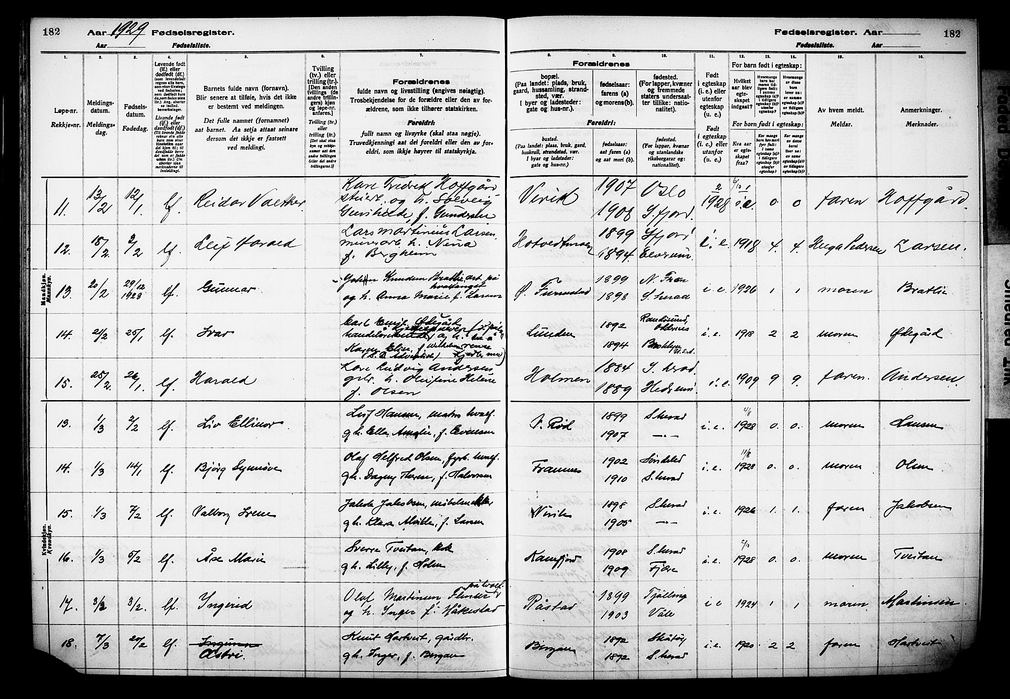 Sandar kirkebøker, AV/SAKO-A-243/J/Ja/L0002: Birth register no. 2, 1922-1929, p. 182