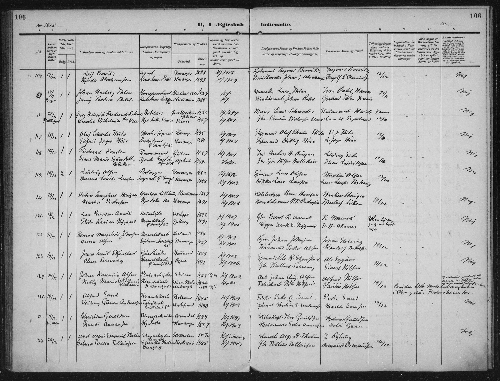 Domkirken sokneprestkontor, AV/SAST-A-101812/002/A/L0016: Parish register (official) no. A 33, 1905-1922, p. 106